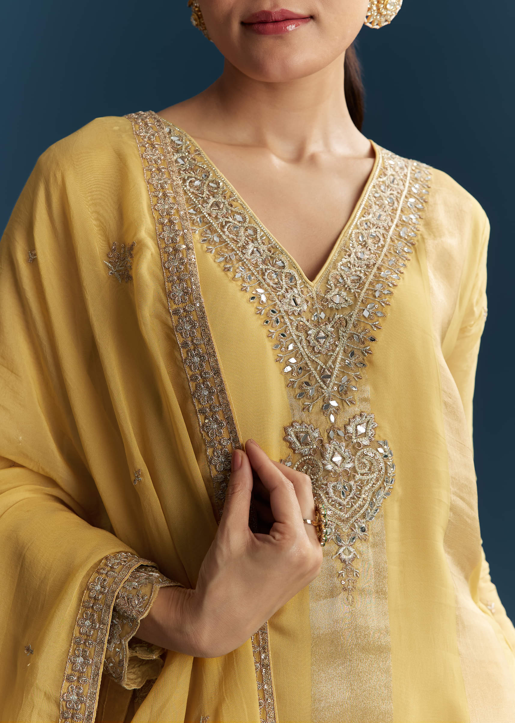 Yellow Organza Palazzo Suit With Zari And Mirror Embroidery - Image 2