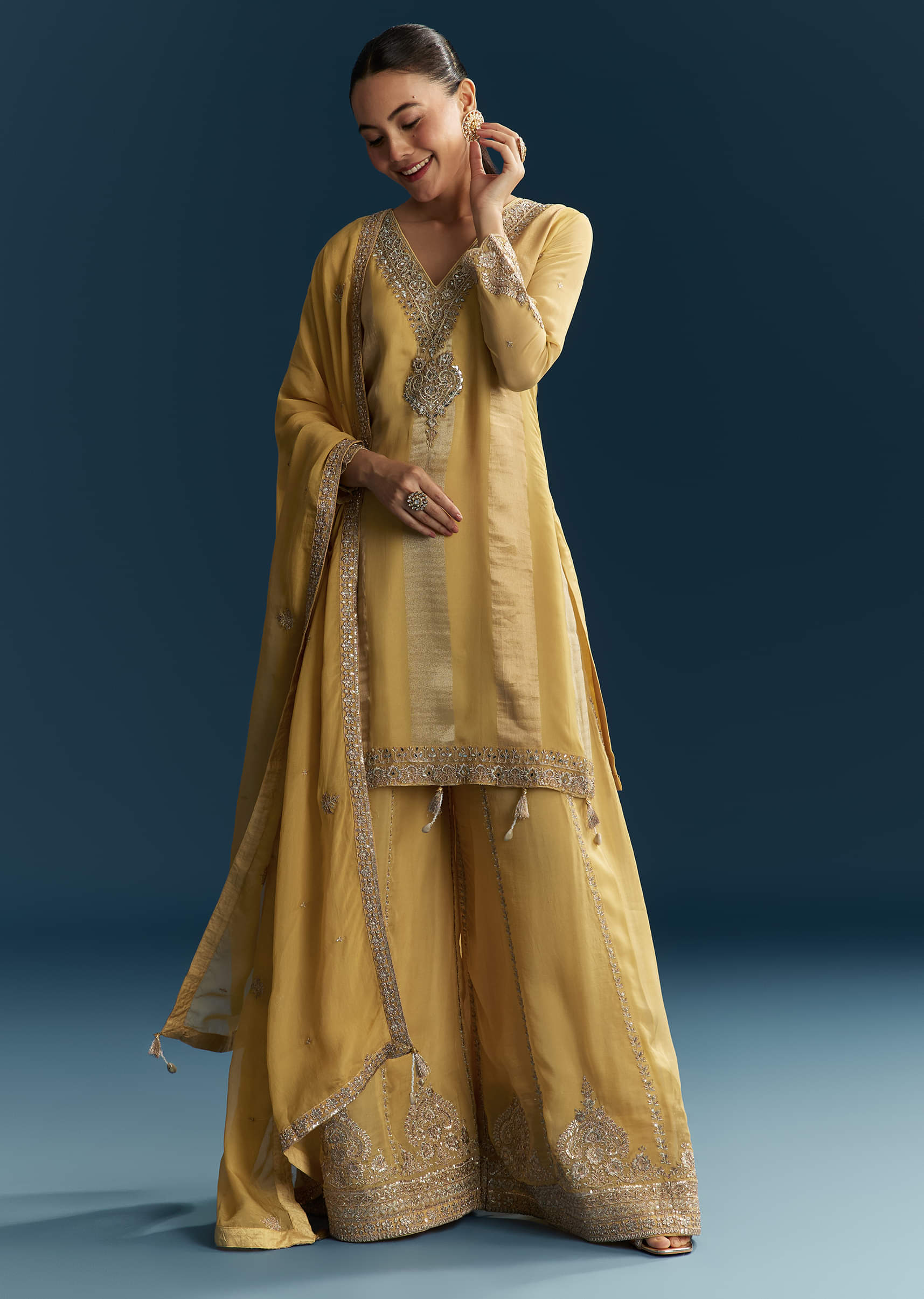 Yellow Organza Palazzo Suit With Zari And Mirror Embroidery - Image 3
