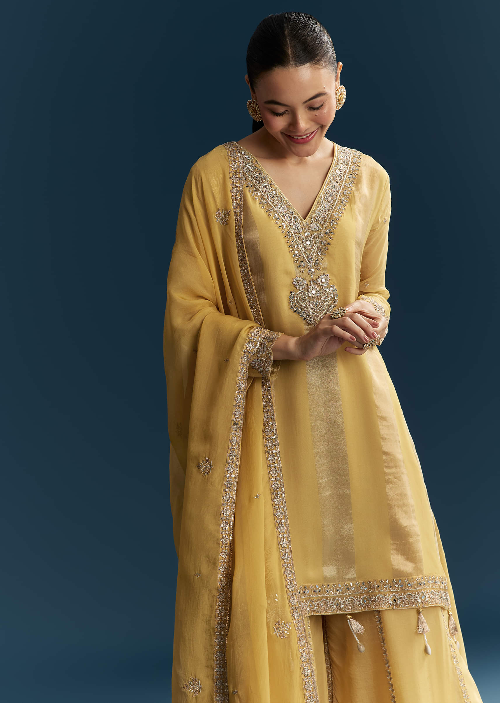 Yellow Organza Palazzo Suit With Zari And Mirror Embroidery - Image 4