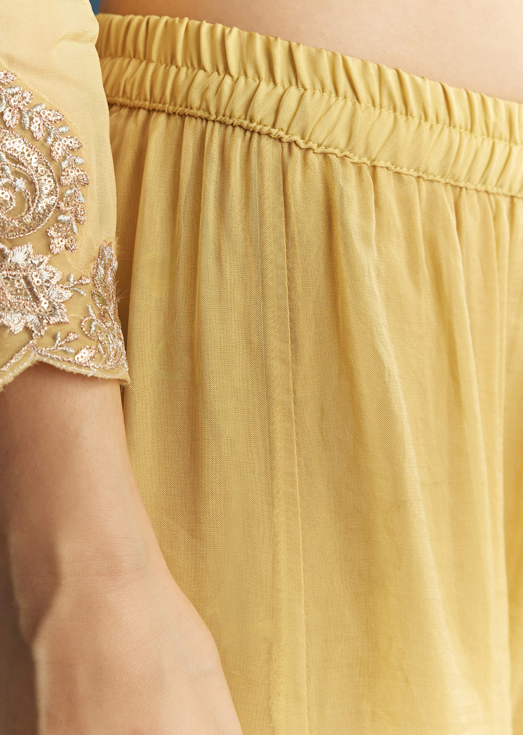 Yellow Organza Palazzo Suit With Zari And Mirror Embroidery - Image 6
