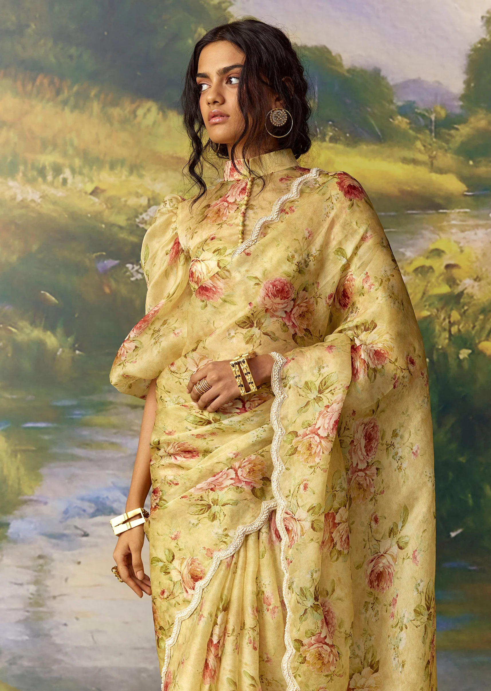 Yellow Organza Ready Pleated Saree Set with Cutdana Work - Image 5
