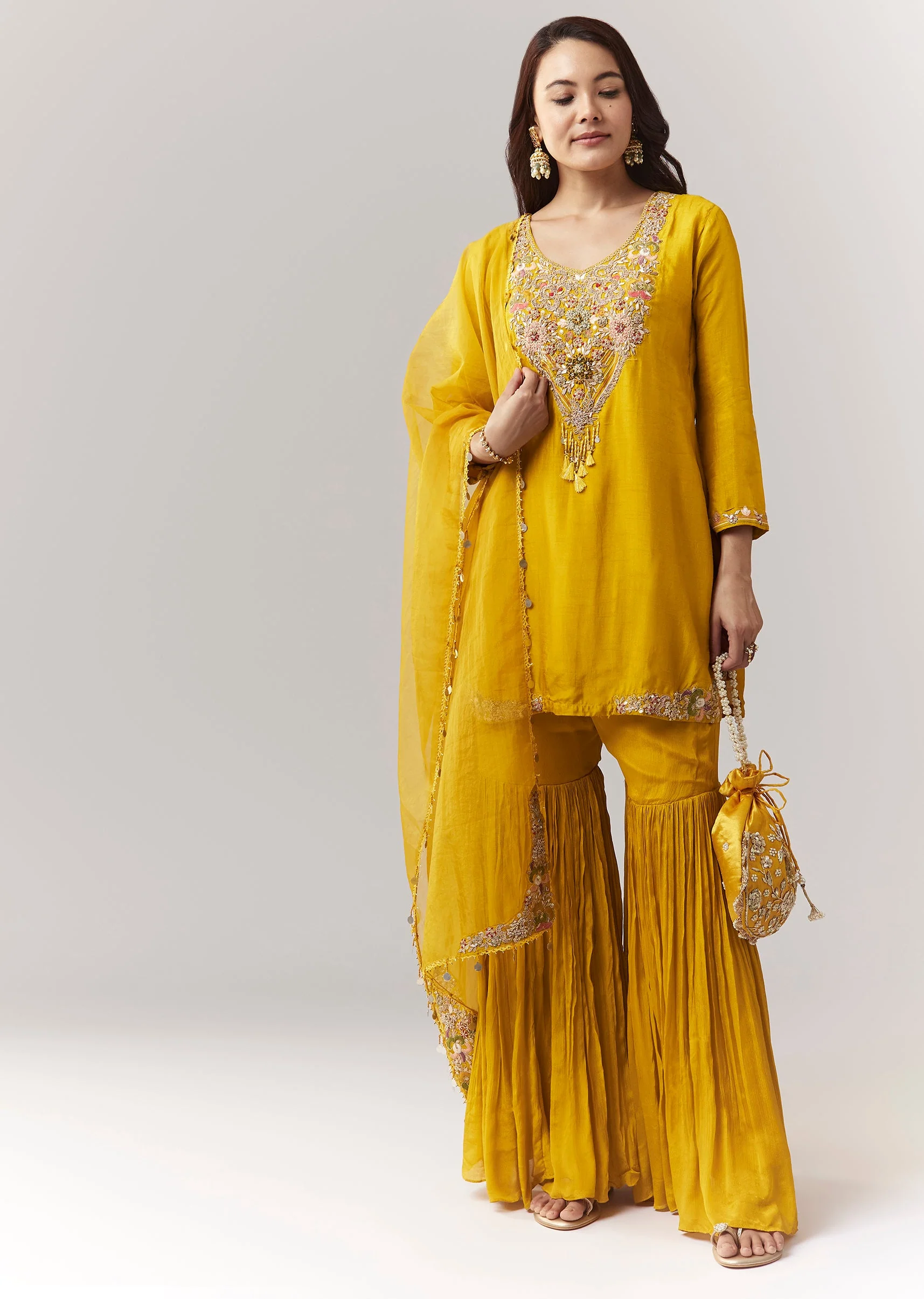 Yellow Pakistani Style Sharara Set With Dupatta - Image 3