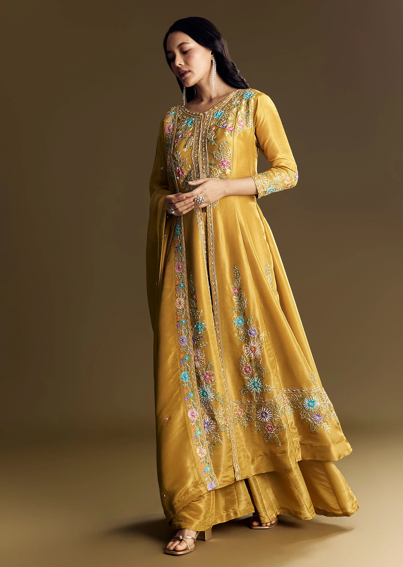 Yellow Palazzo Suit With Resham Kurta Dupatta - Image 4