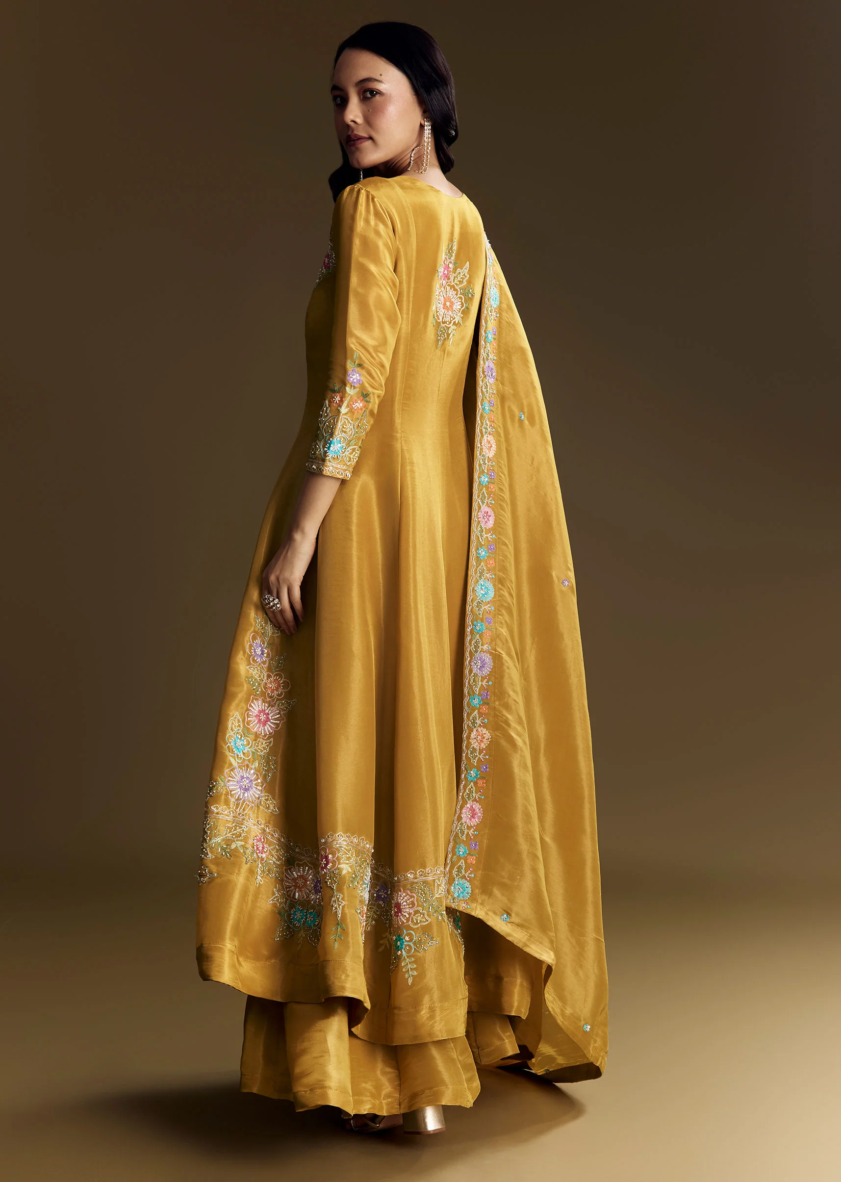 Yellow Palazzo Suit With Resham Kurta Dupatta - Image 5
