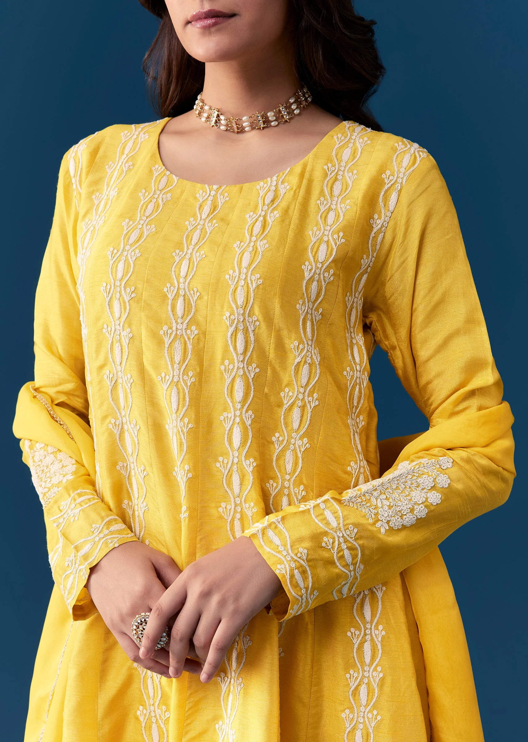 Yellow Pastel Pakistani Style Anarkali Suit With Thread Work - Image 2