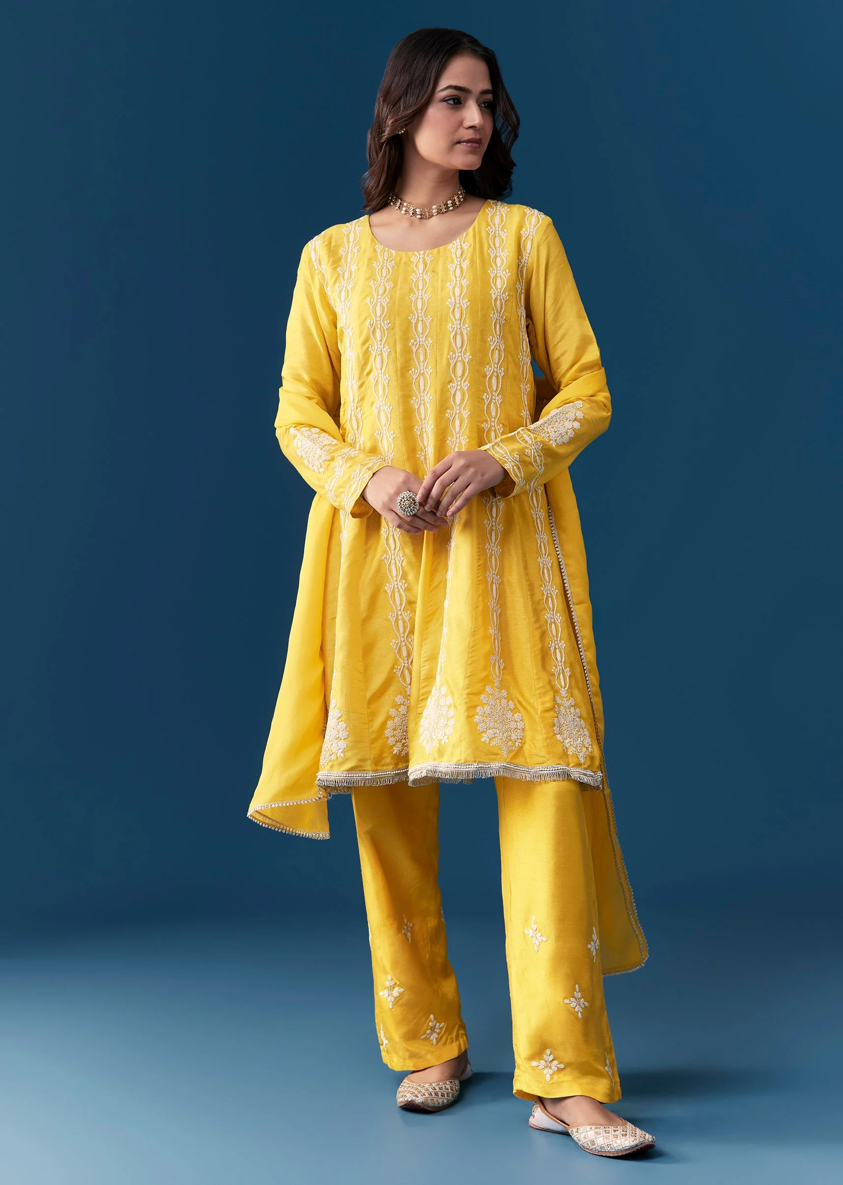 Yellow Pastel Pakistani Style Anarkali Suit With Thread Work - Image 3
