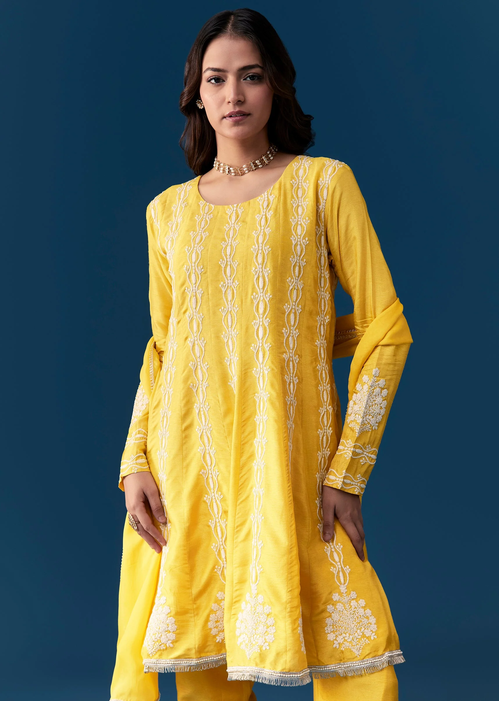 Yellow Pastel Pakistani Style Anarkali Suit With Thread Work - Image 4