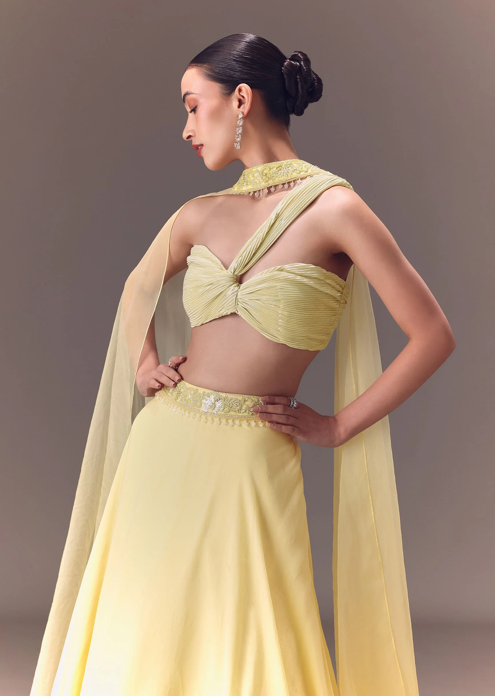 Yellow Pre-Pleated One Shoulder Blouse With Frill Lehenga And Choker Dupatta - Image 2