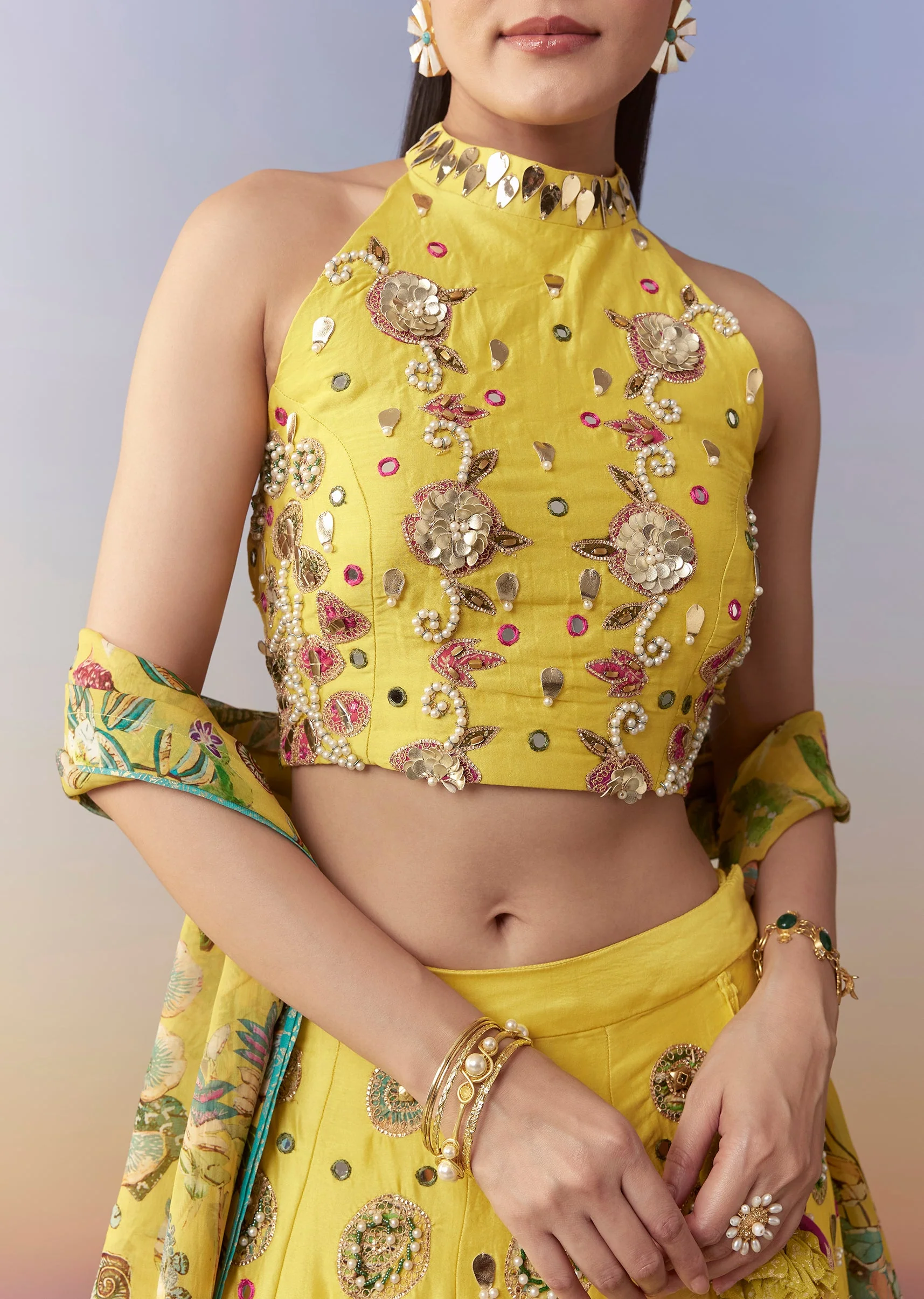 Yellow Printed Bridesmaid Lehenga Set - Image 2