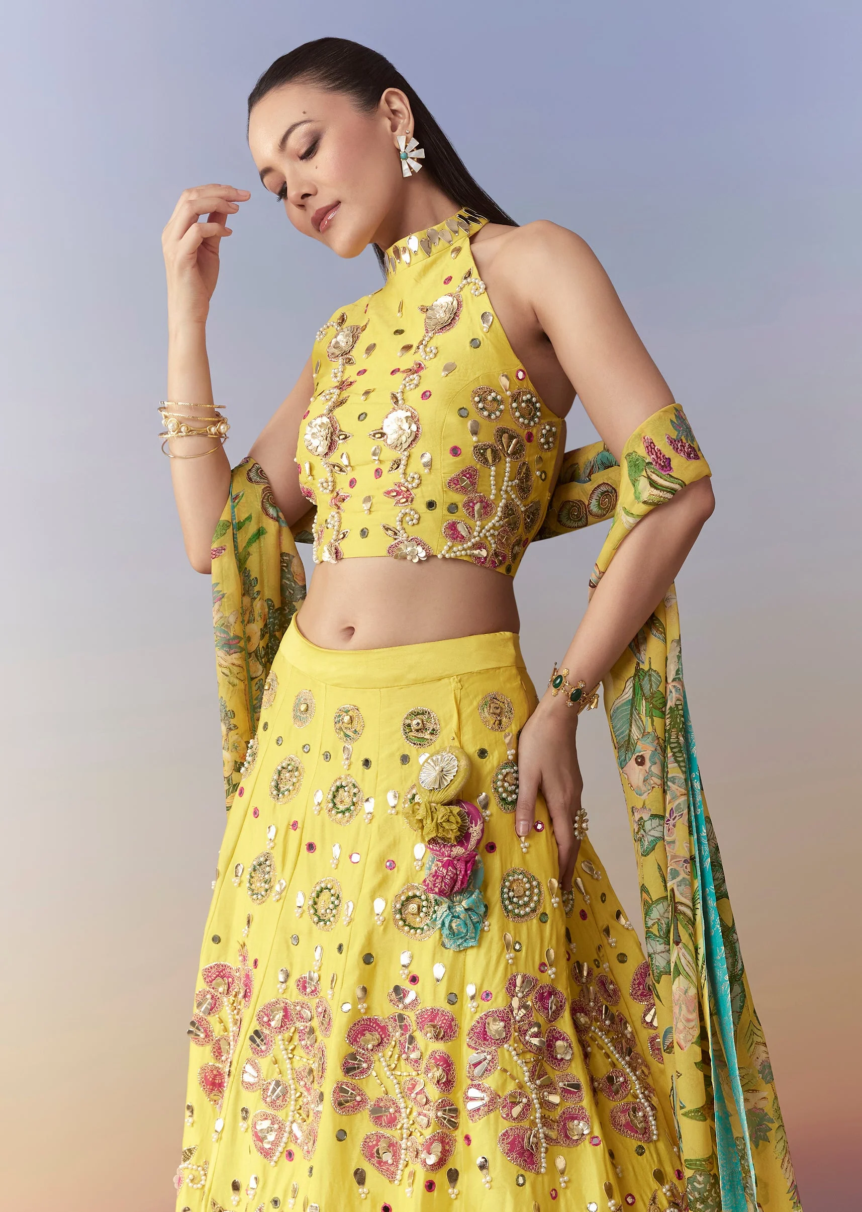Yellow Printed Bridesmaid Lehenga Set - Image 4