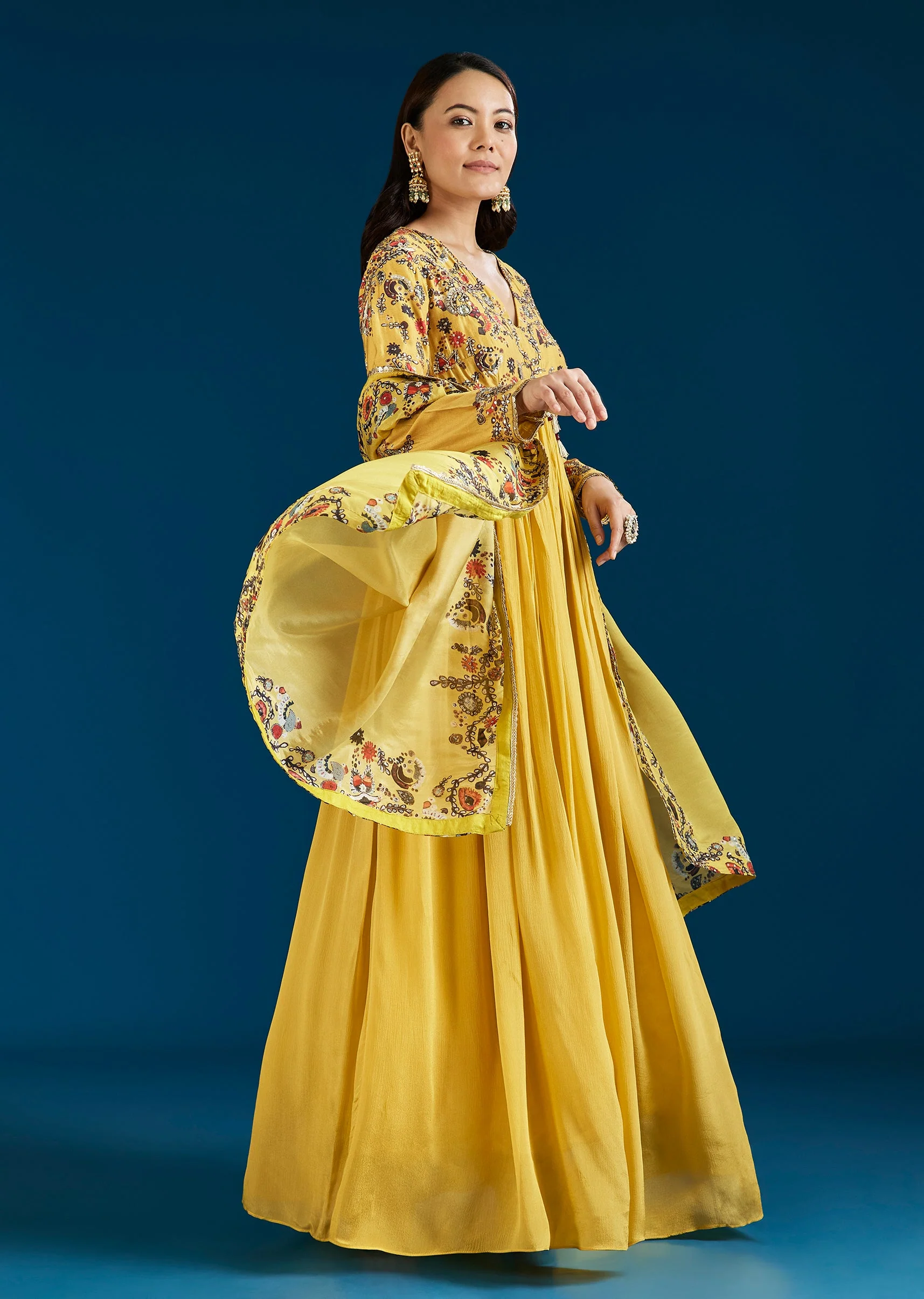 Yellow Printed Chinon Anarkali Suit With Dupatta - Image 3
