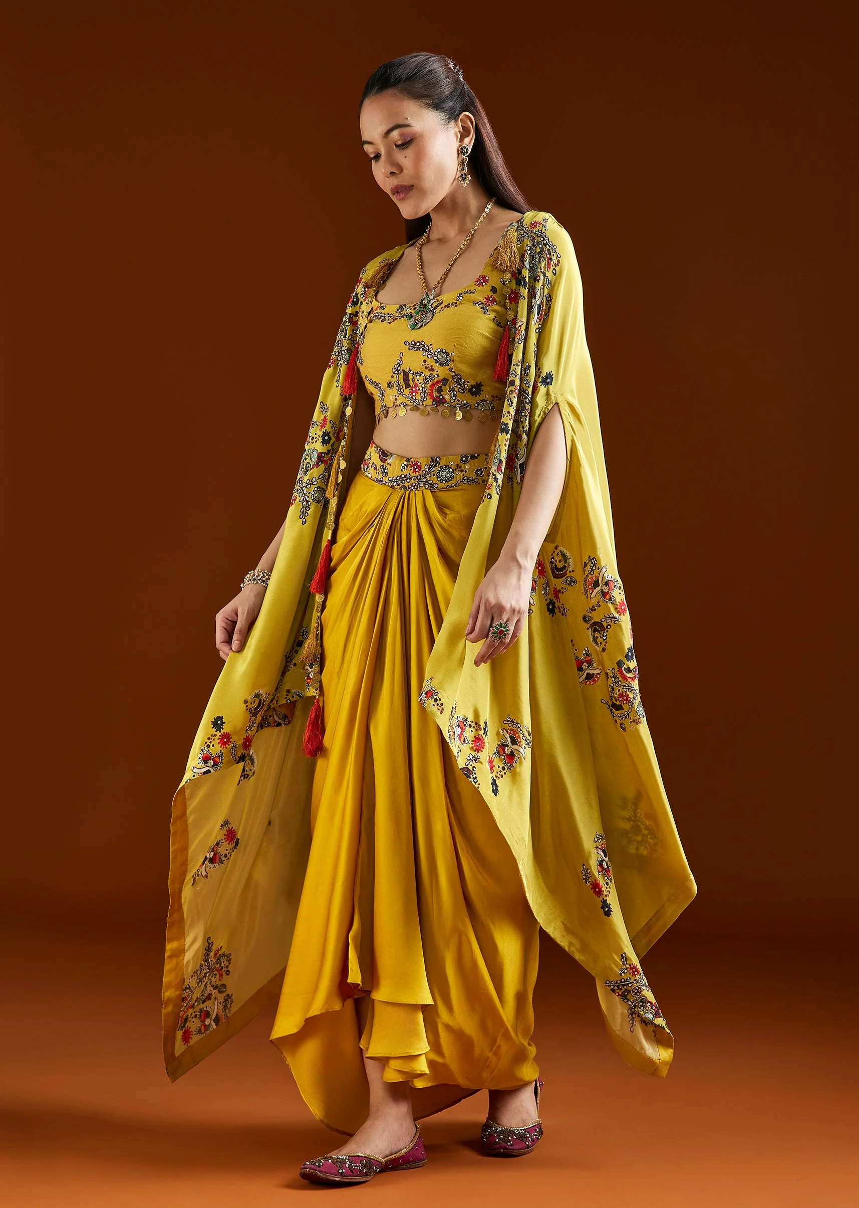Yellow Printed Crepe Cape Drape Skirt Set - Image 3