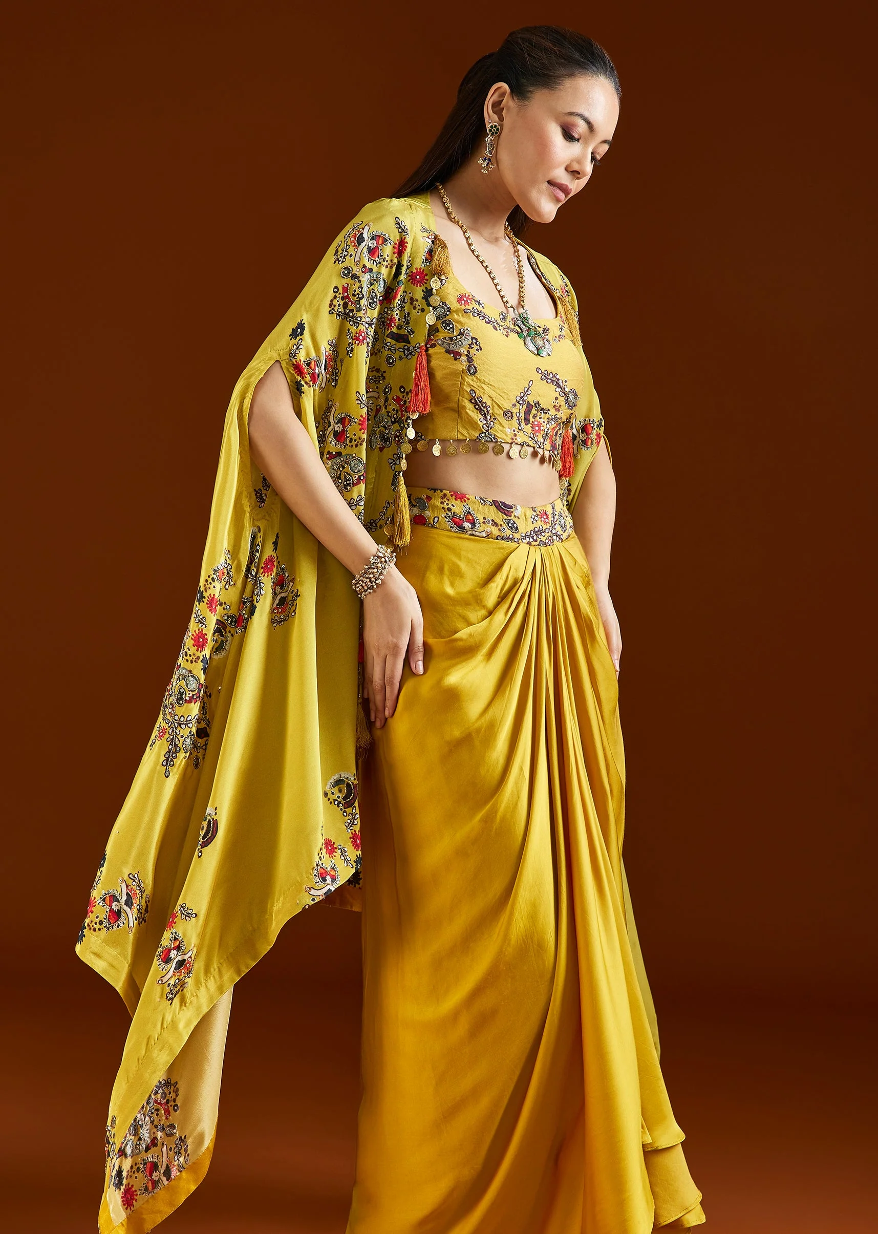 Yellow Printed Crepe Cape Drape Skirt Set - Image 4