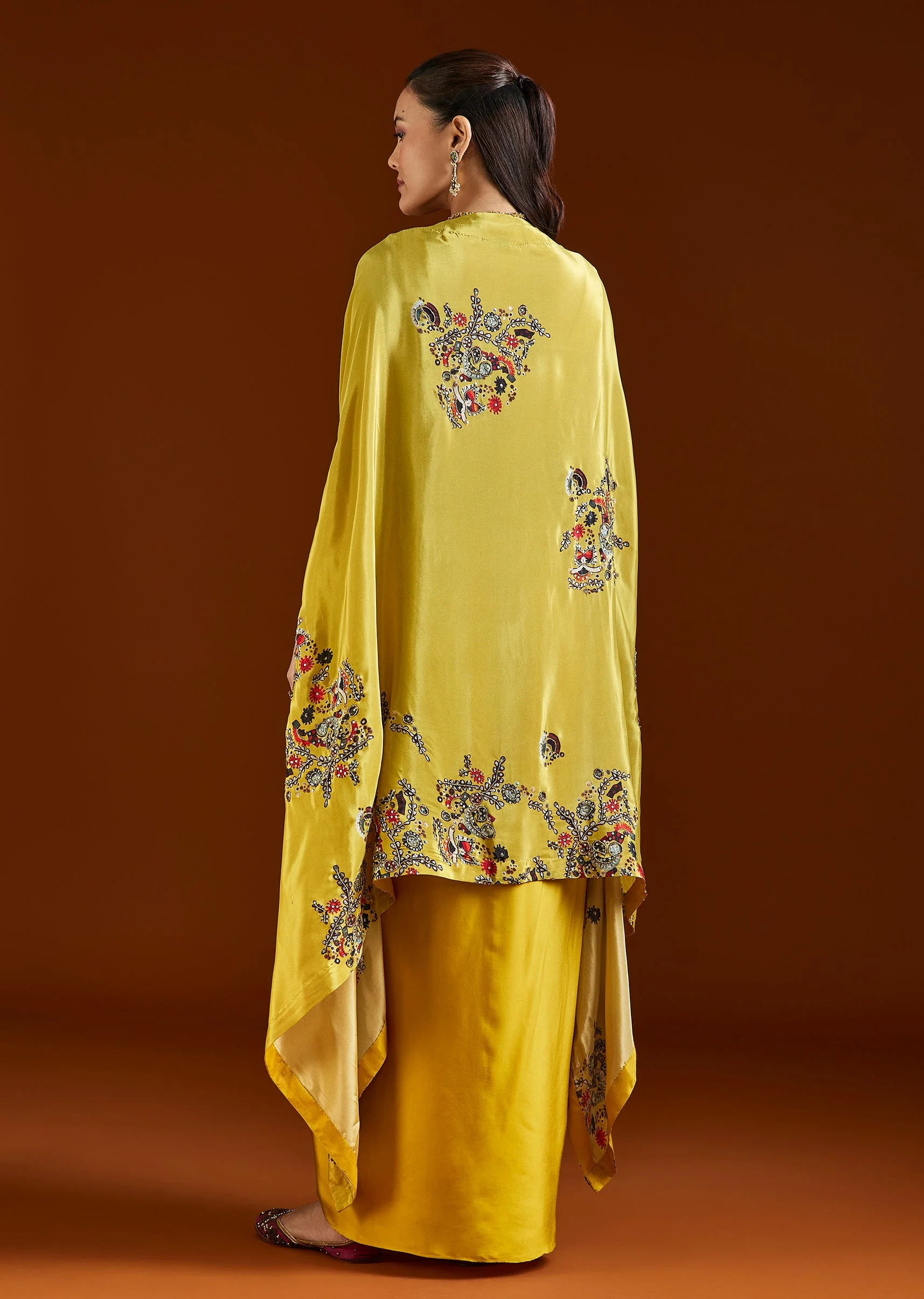 Yellow Printed Crepe Cape Drape Skirt Set - Image 5