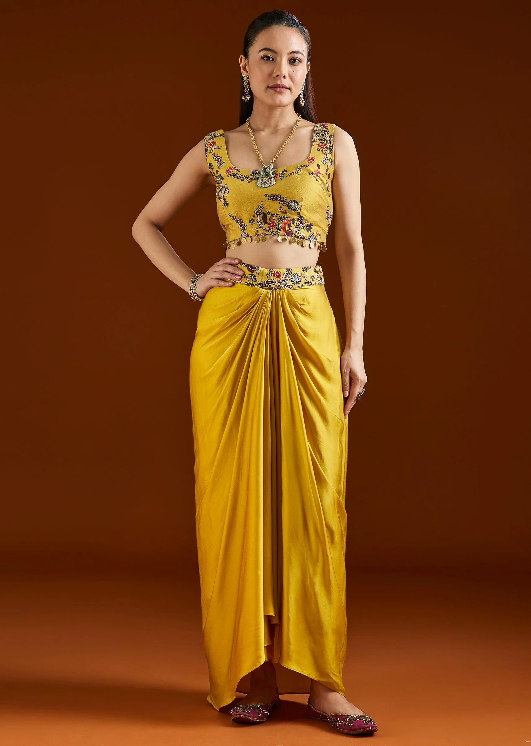 Yellow Printed Crepe Cape Drape Skirt Set - Image 6