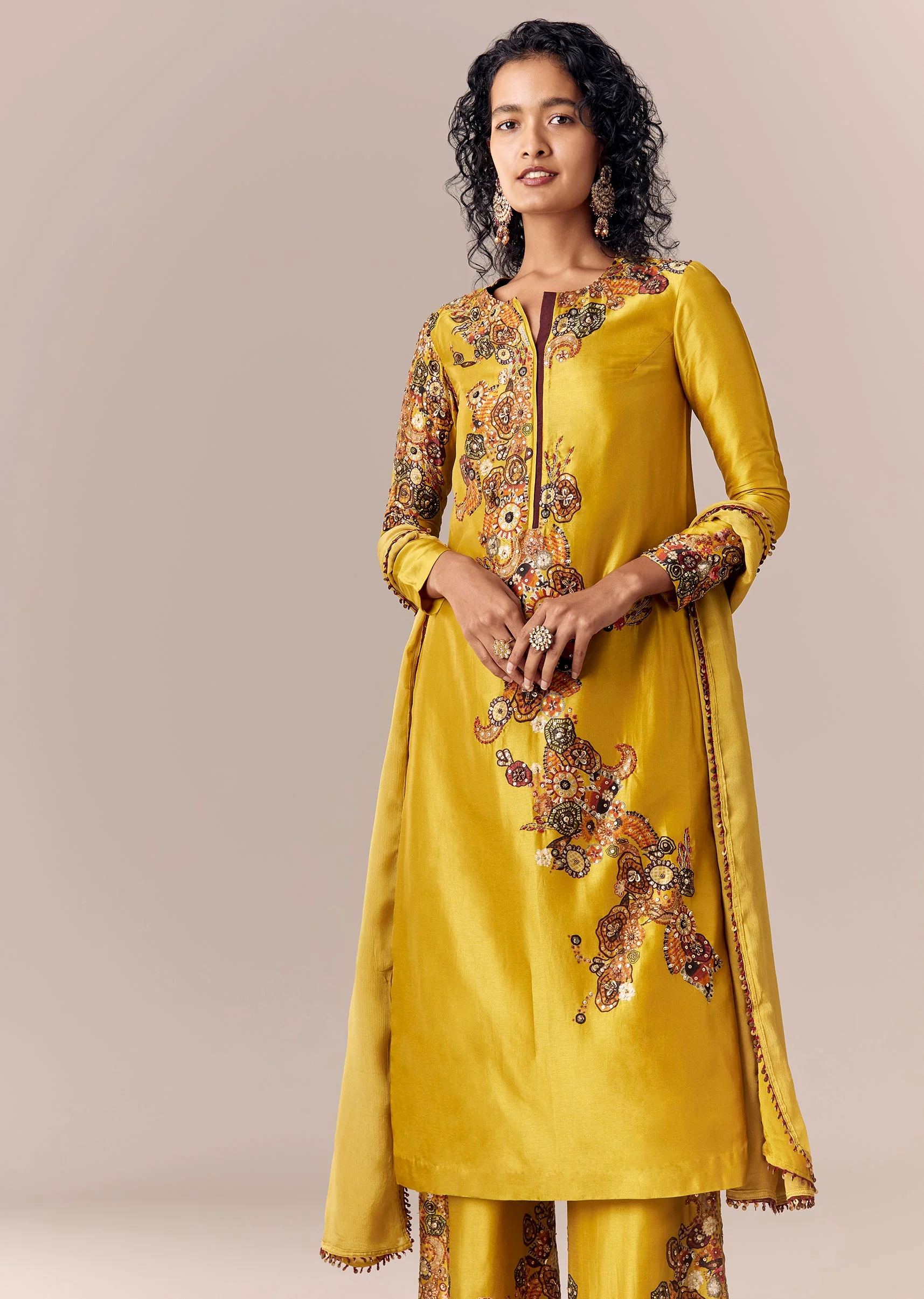 Yellow Printed Kurta Palazzo Set With Dupatta - Image 4