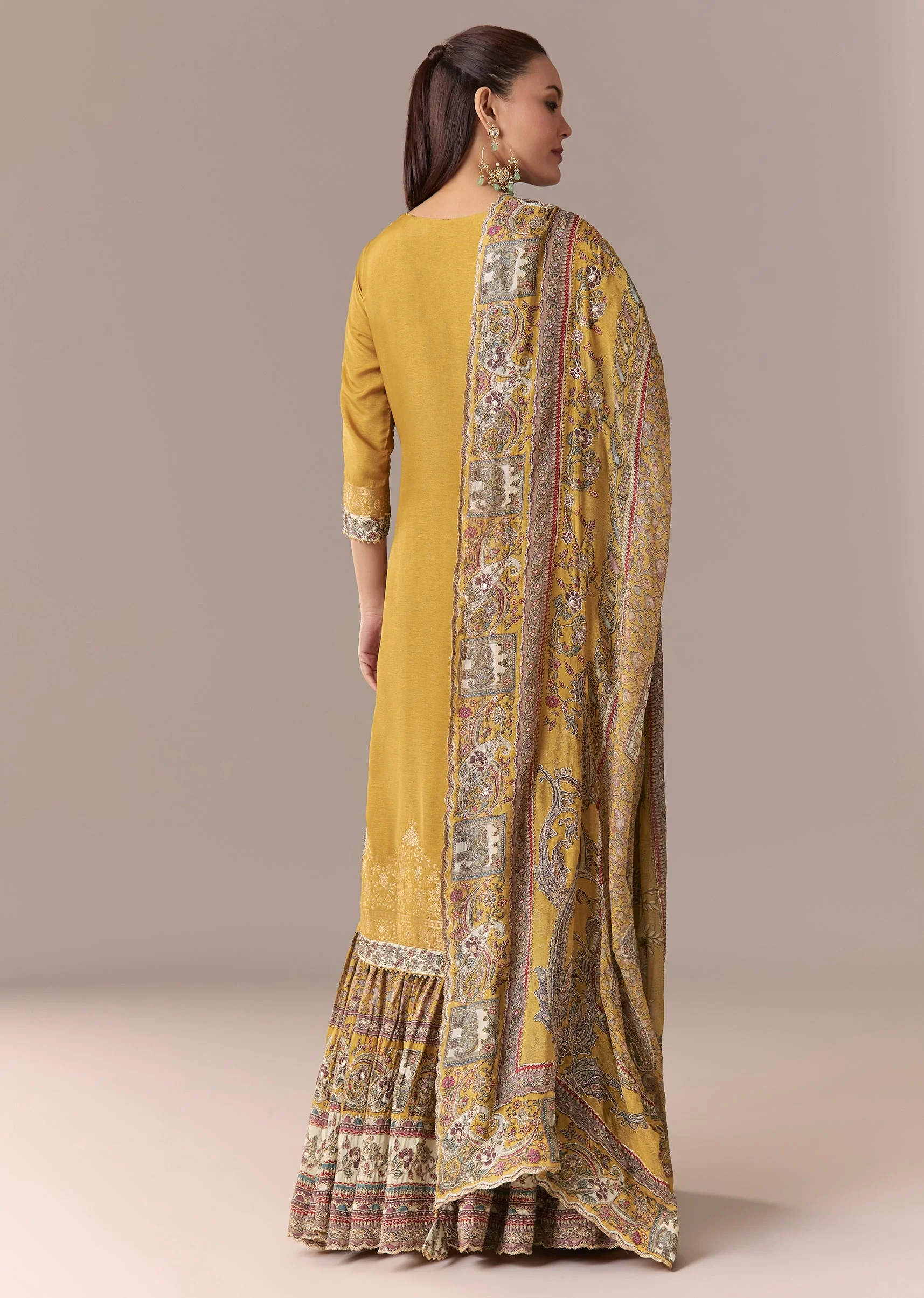 Yellow Printed Sharara Suit Set With Dupatta - Image 5