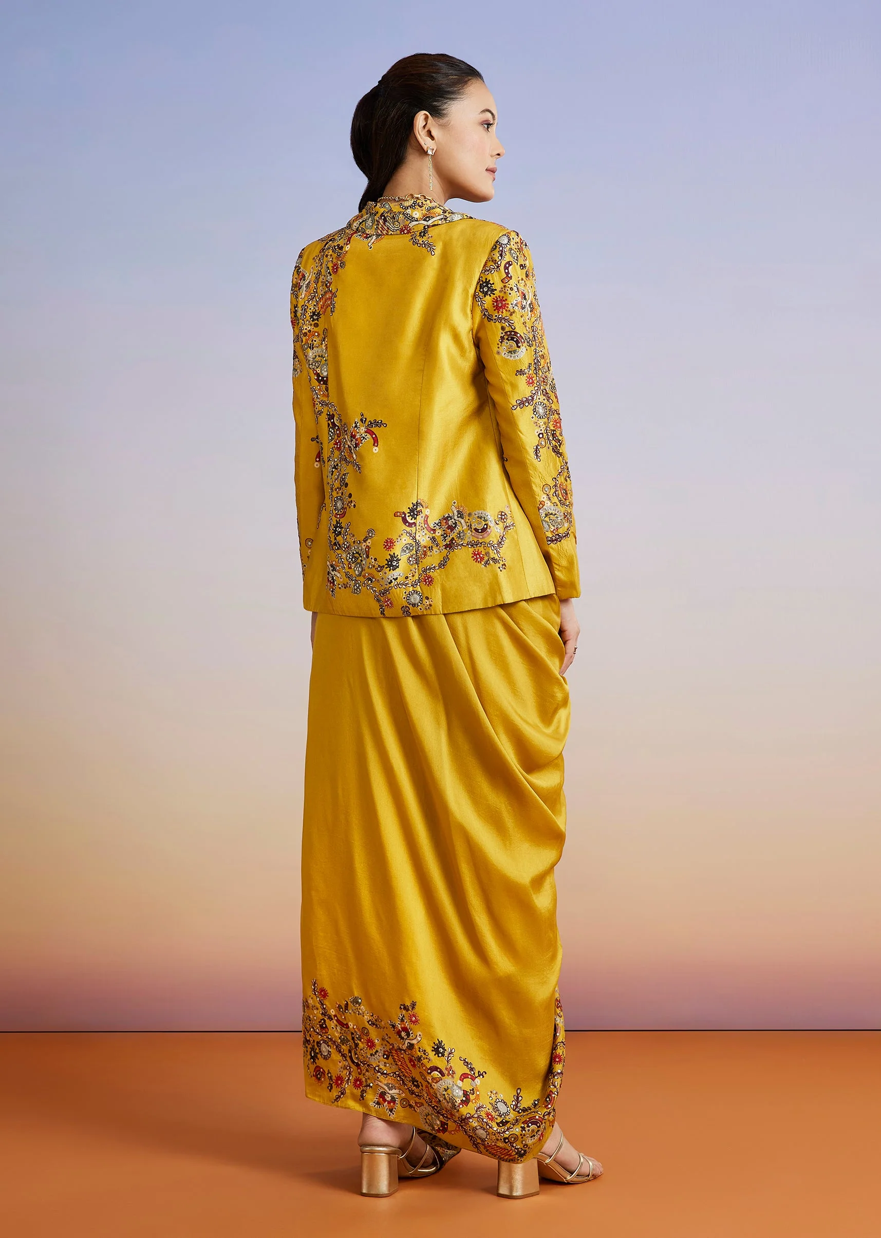 Yellow Printed Silk Blend Jacket Style Skirt Set - Image 5