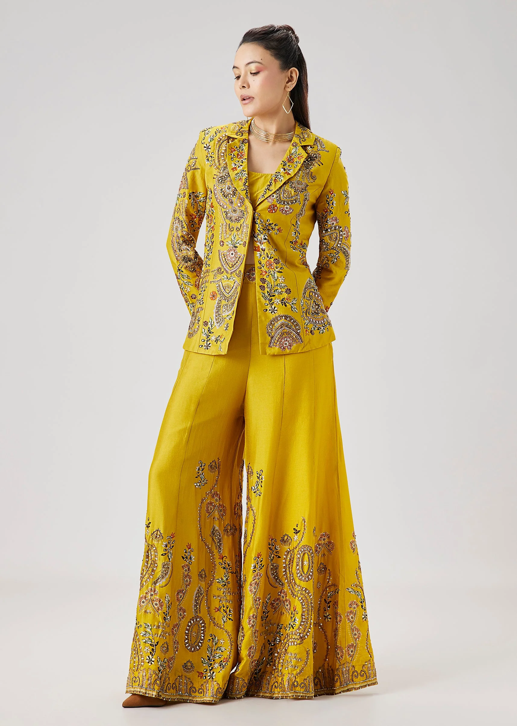 Yellow Printed Silk Crop Top Palazzo Set With Embellished Jacket - Image 3