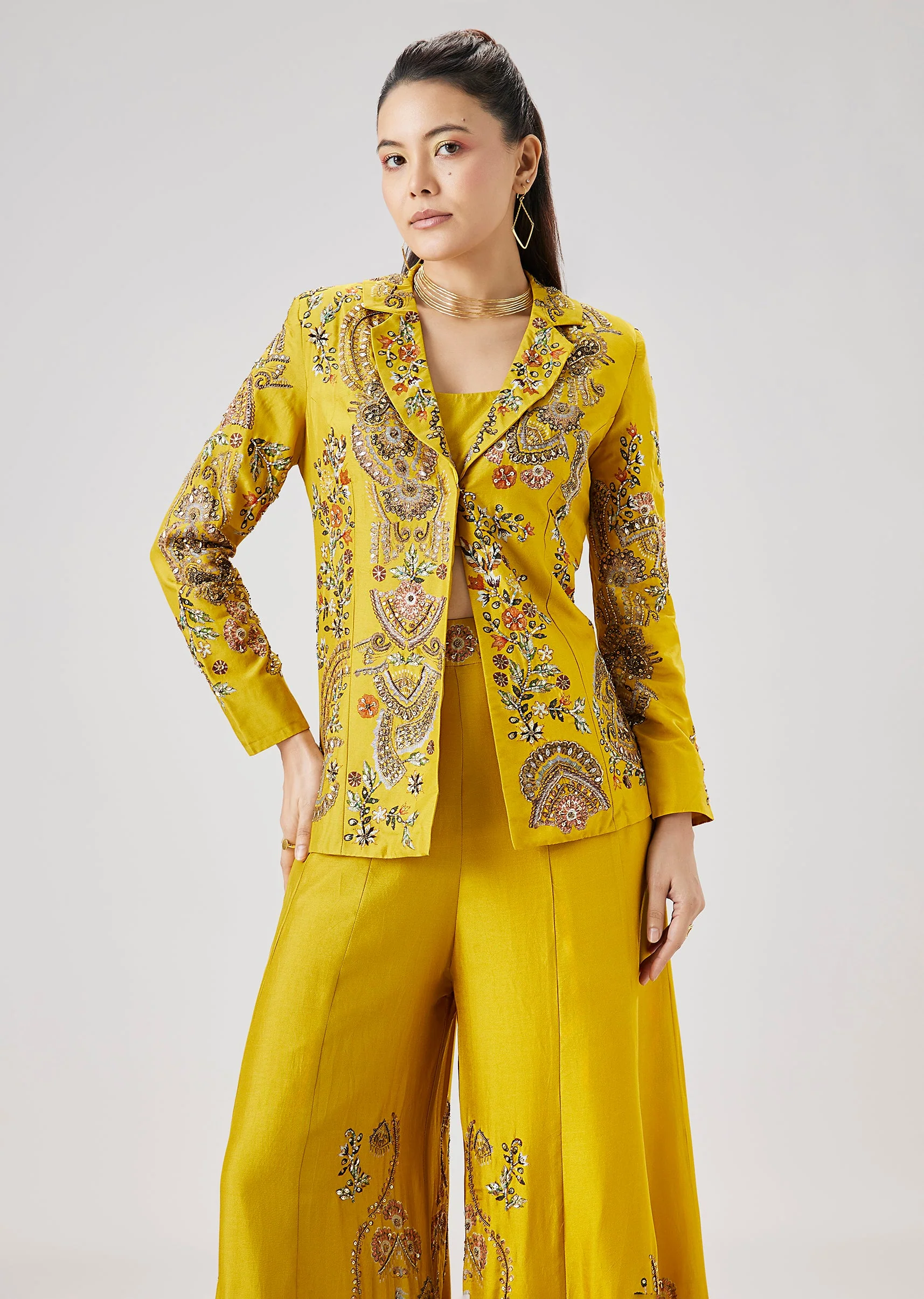 Yellow Printed Silk Crop Top Palazzo Set With Embellished Jacket - Image 4