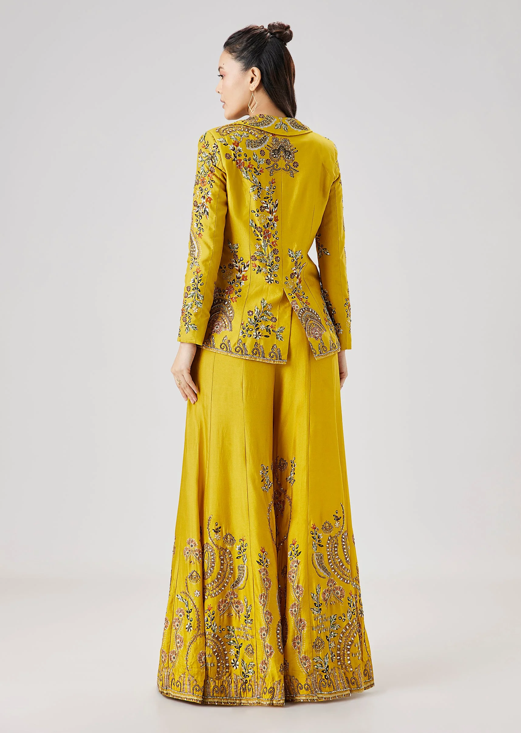 Yellow Printed Silk Crop Top Palazzo Set With Embellished Jacket - Image 5