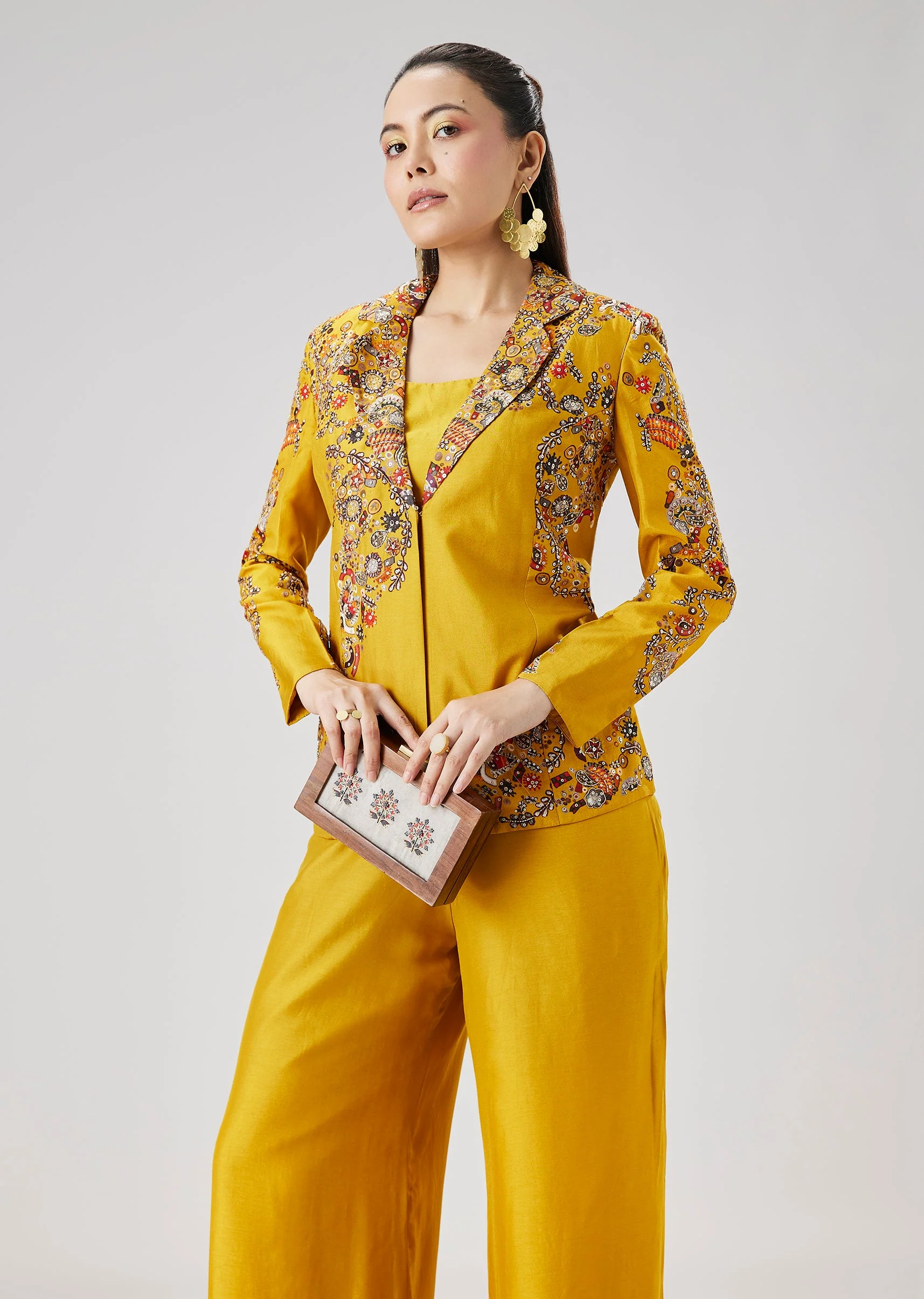 Yellow Printed Silk Ensemble with Crop Top Palazzo Pants And Embellished Jacket - Image 4
