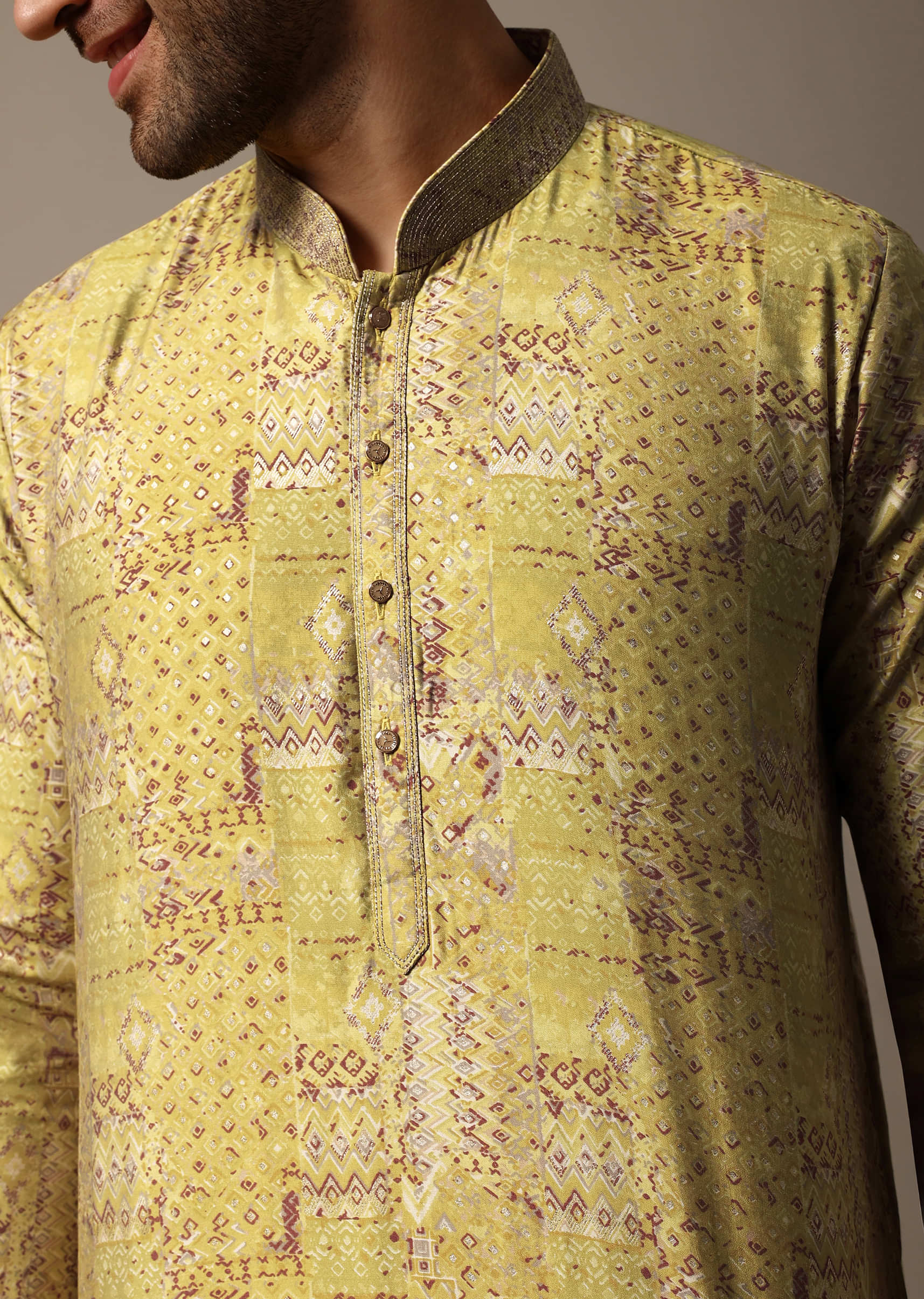 Yellow Printed Silk Kurta Set For Men - Image 2