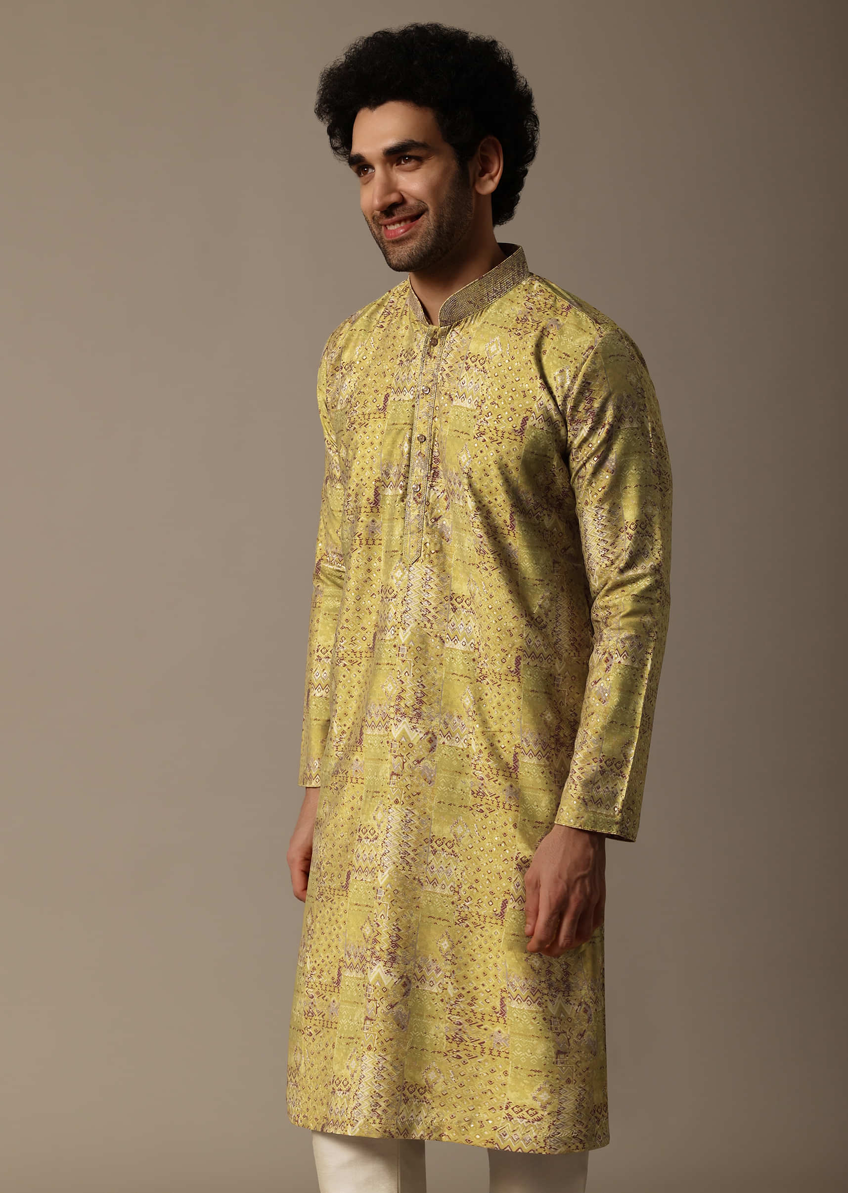 Yellow Printed Silk Kurta Set For Men - Image 4