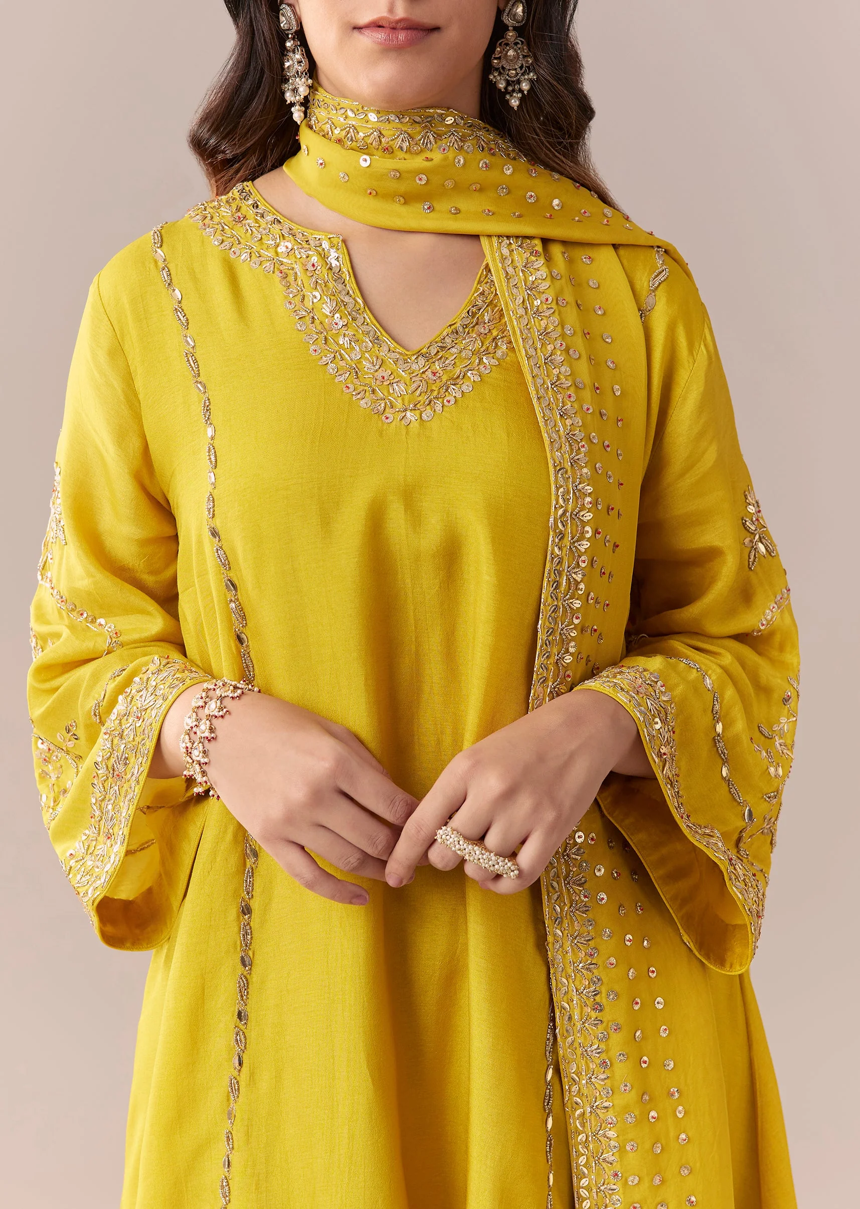 Yellow Purple Embellished Kurta Set With Salwar And Dupatta - Image 2