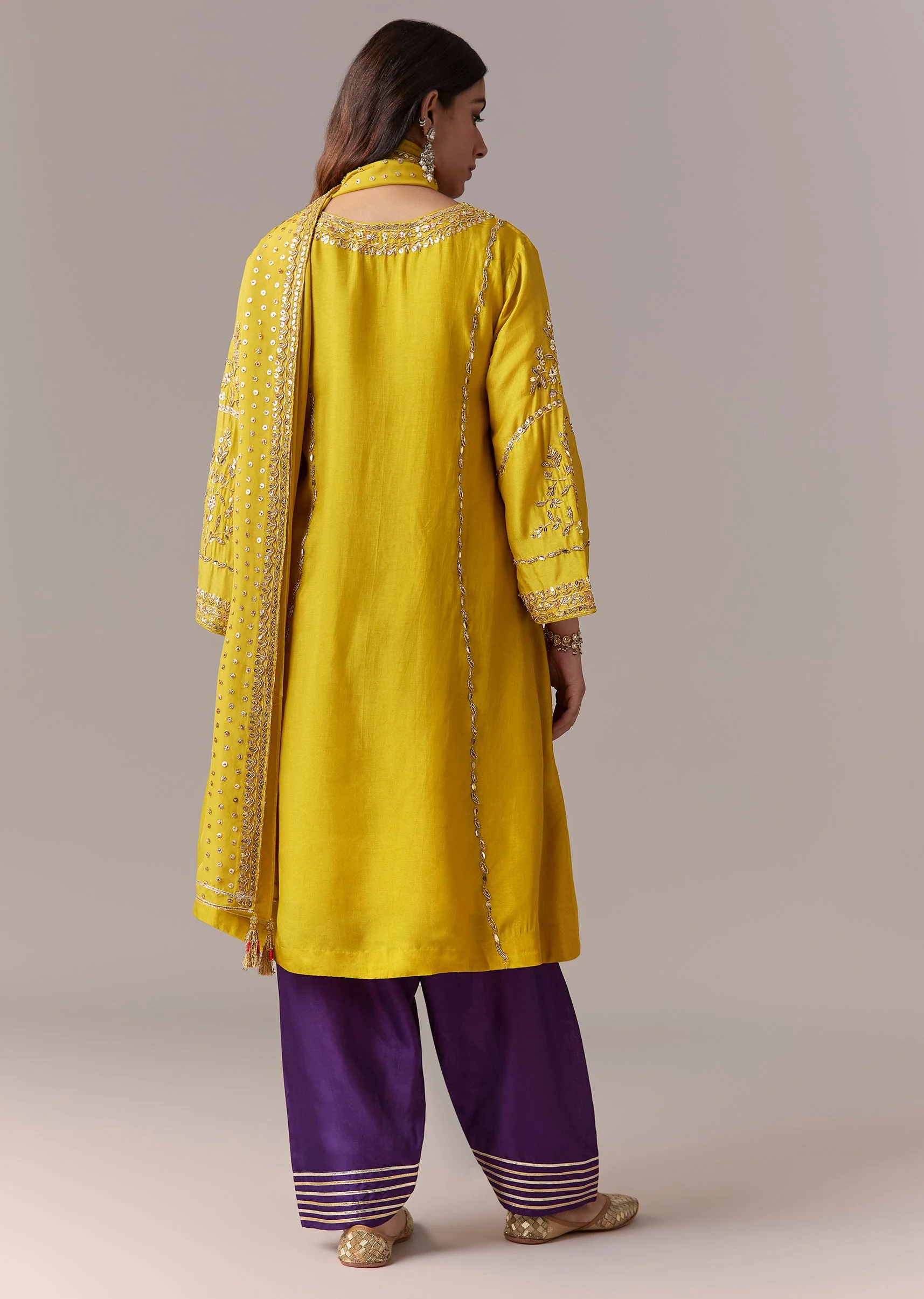 Yellow Purple Embellished Kurta Set With Salwar And Dupatta - Image 5