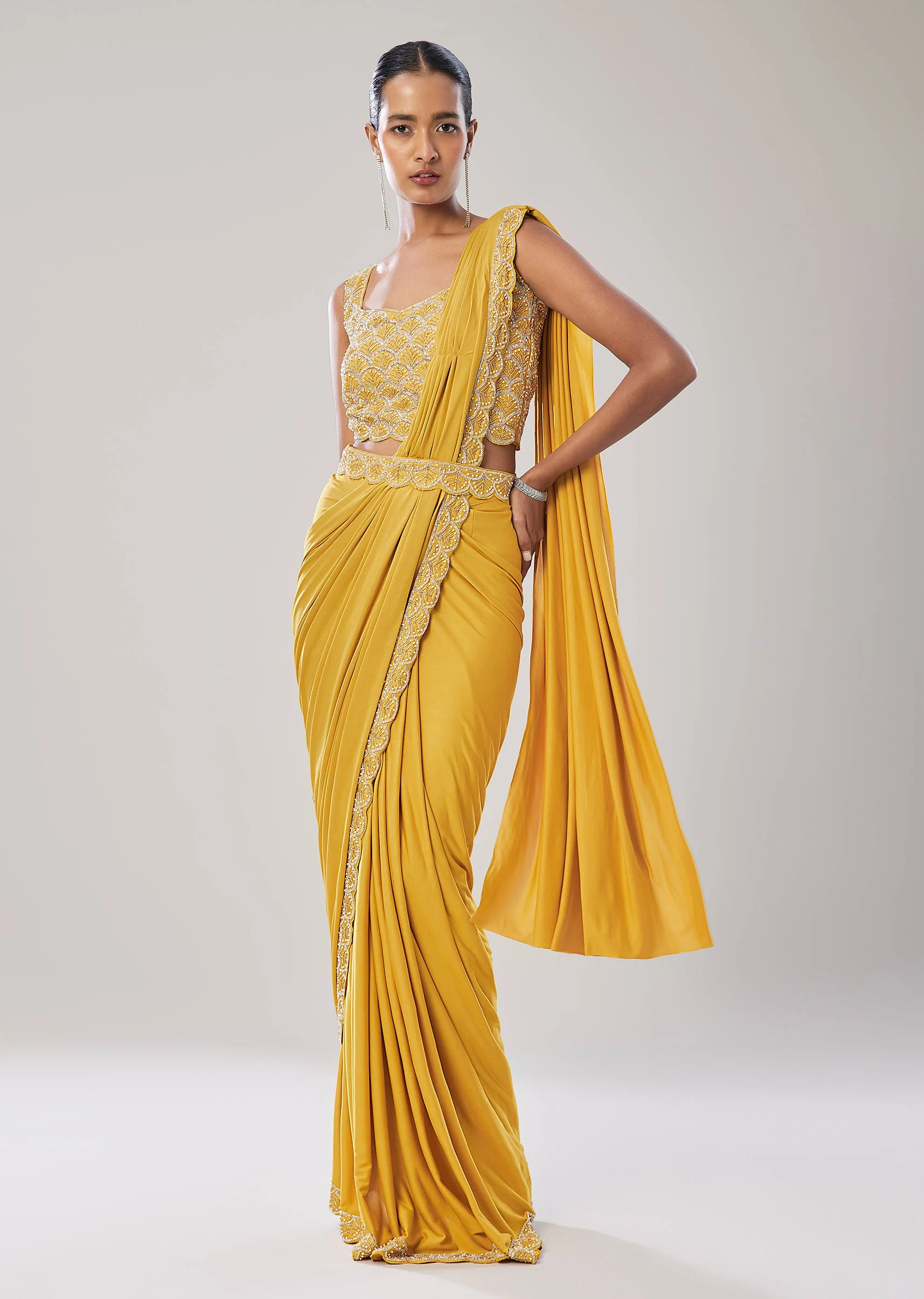 Yellow Ready Pleated Saree With Belt - Image 2