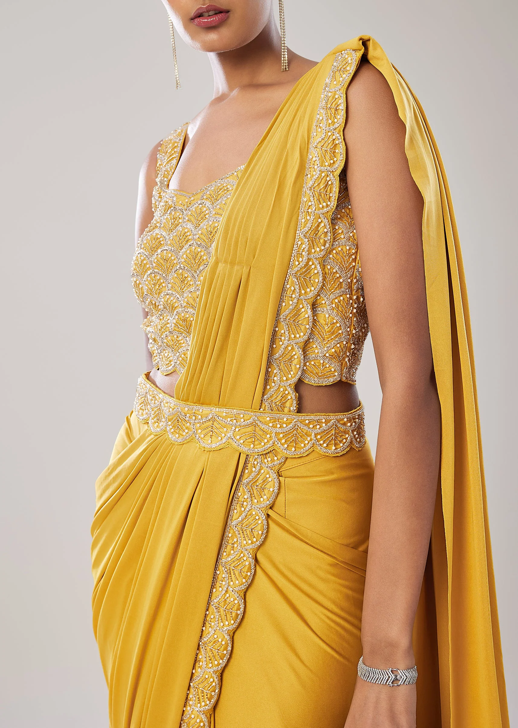 Yellow Ready Pleated Saree With Belt - Image 3