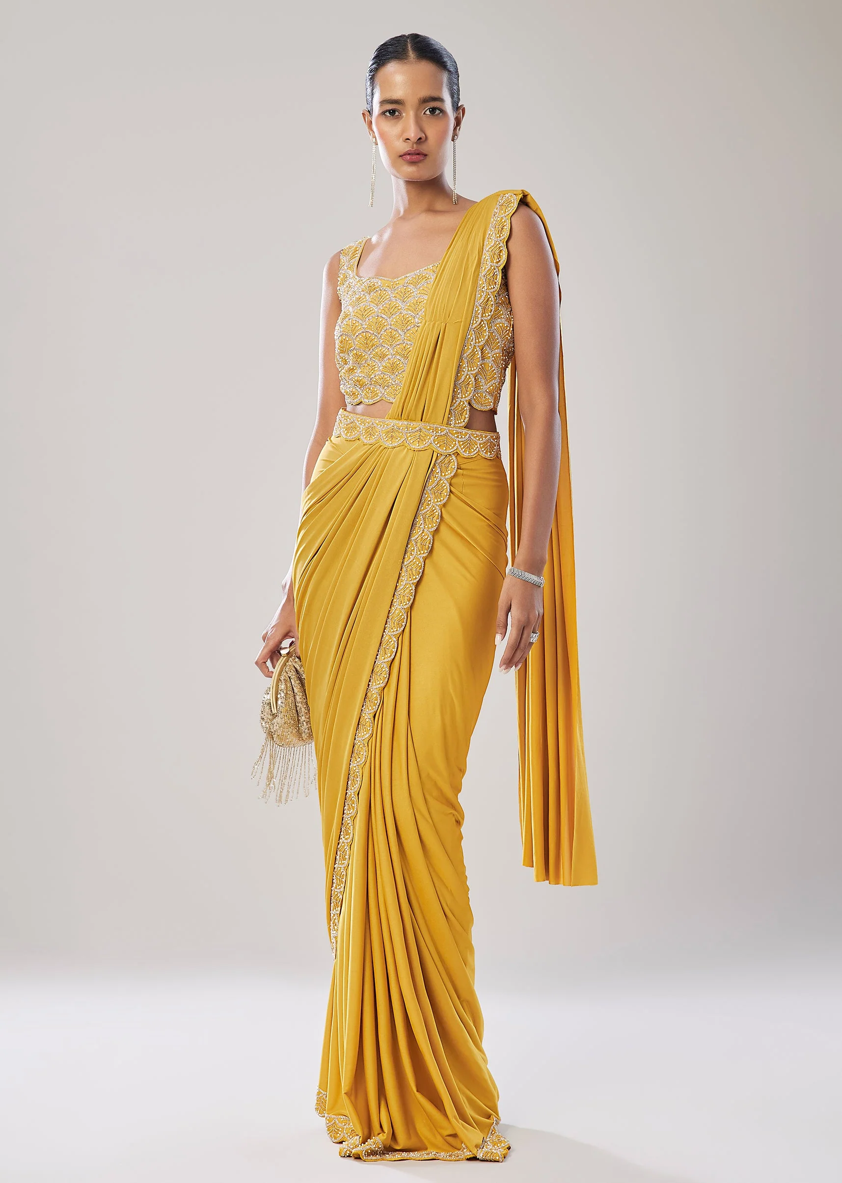 Yellow Ready Pleated Saree With Belt - Image 4