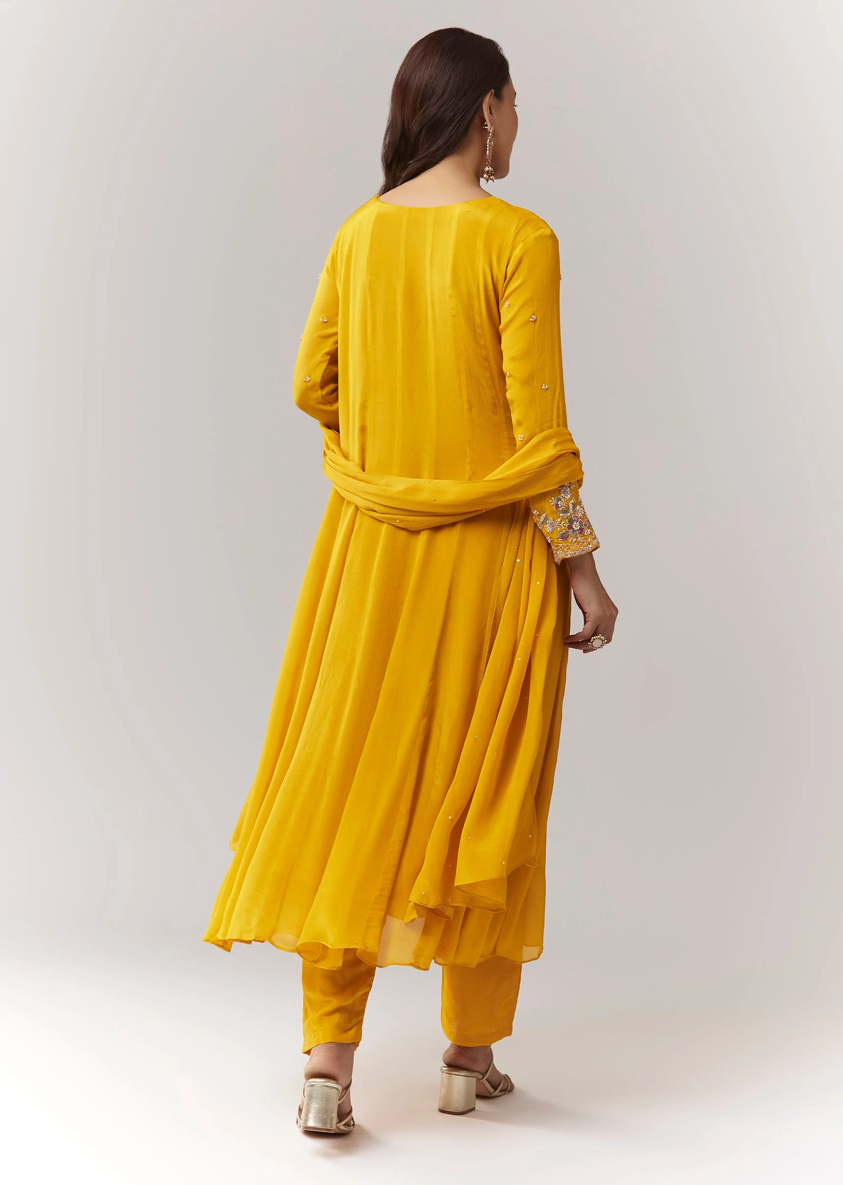 Yellow Resham Cut Dana Sleeve Anarkali Pant Set With Dupatta - Image 5