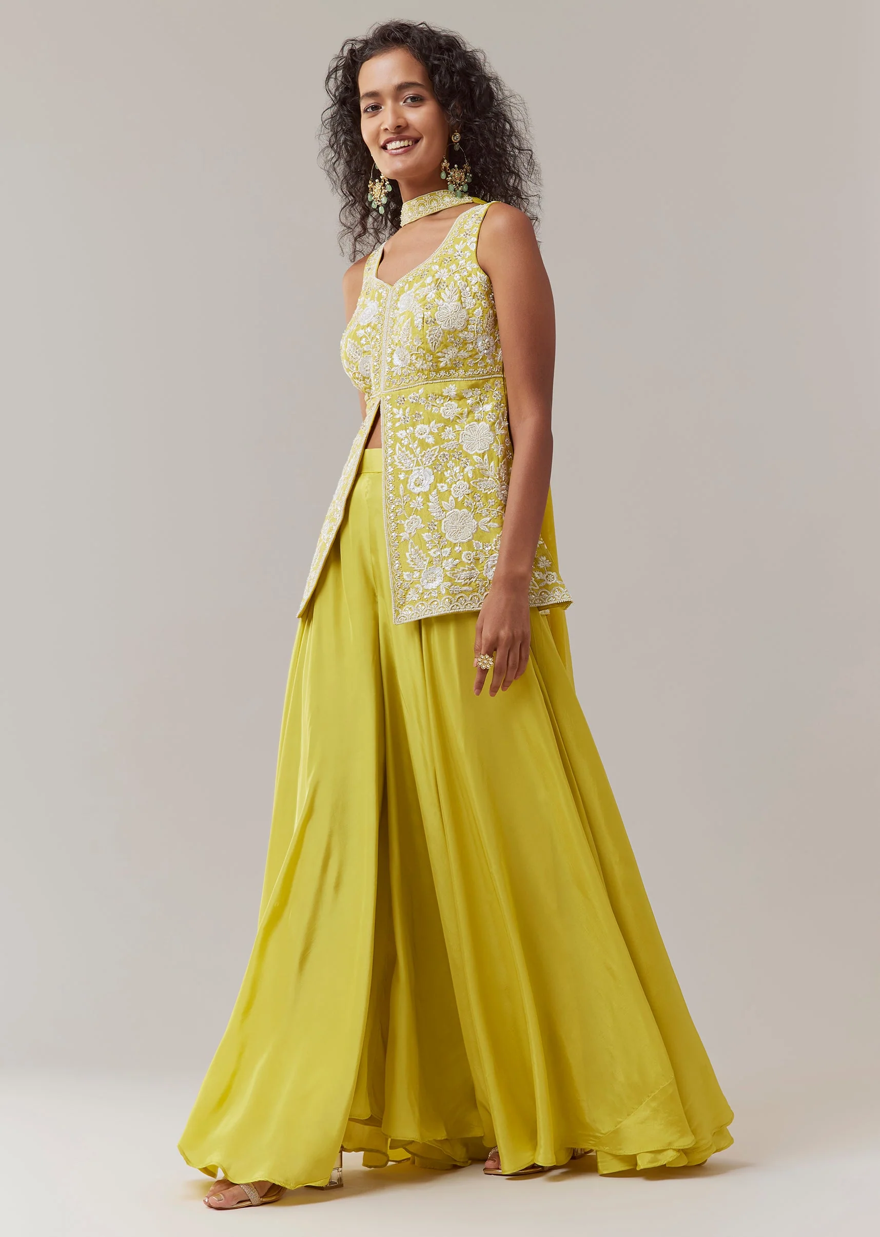 Yellow Resham Embroidered Kurta Palazzo Set - Image 3