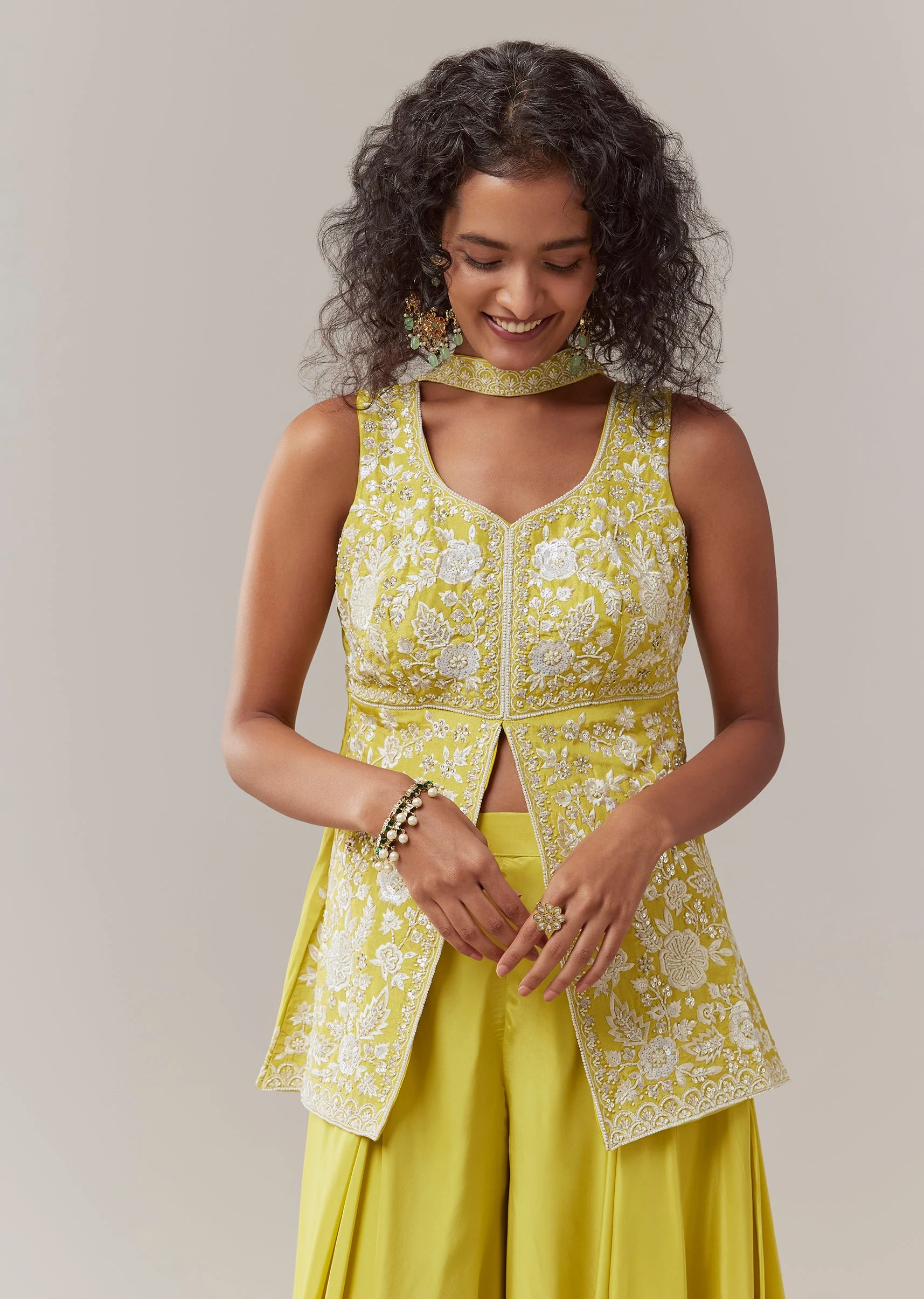 Yellow Resham Embroidered Kurta Palazzo Set - Image 4