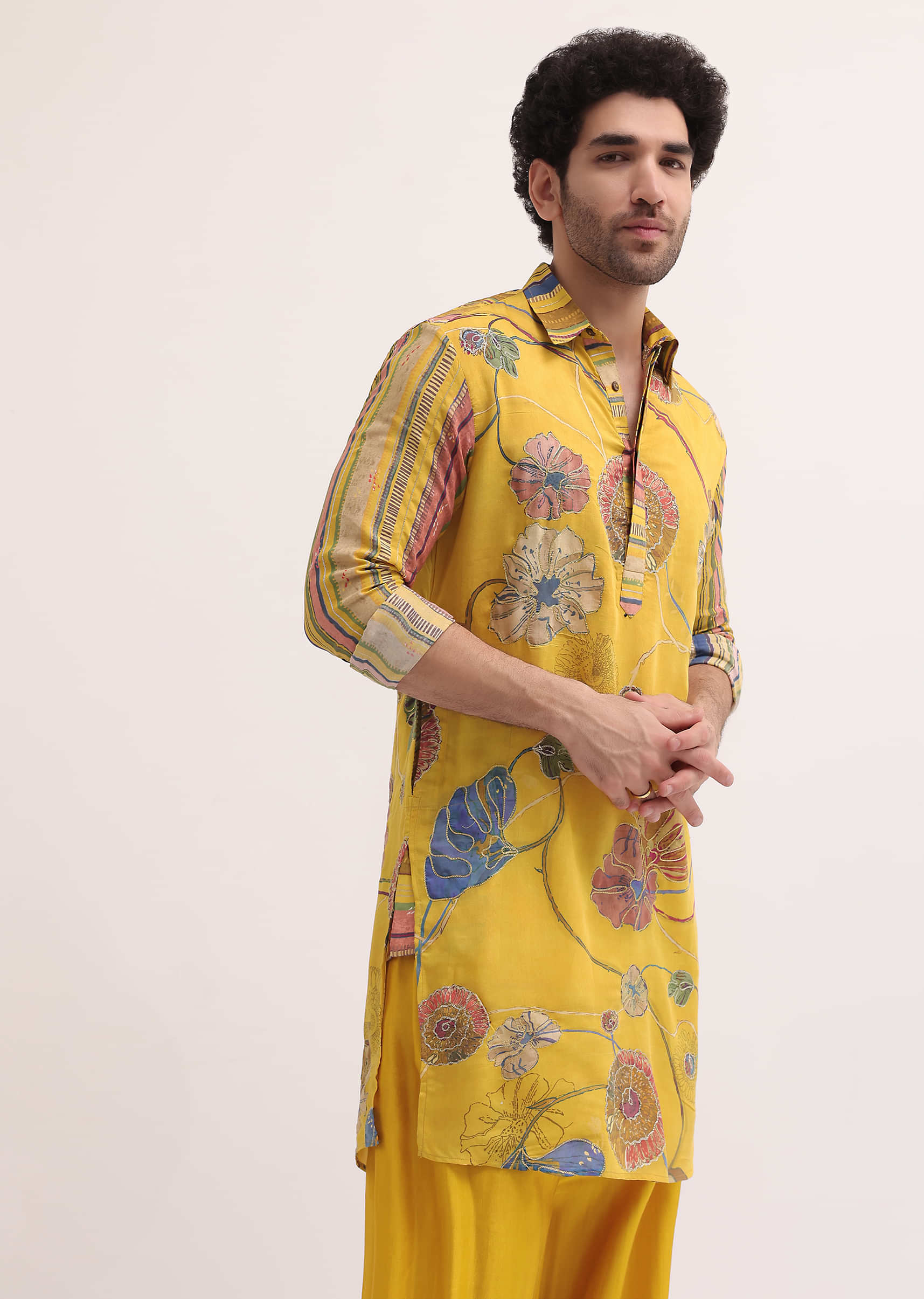 Yellow Resham Work Kurta Patiala Set For Men - Image 3