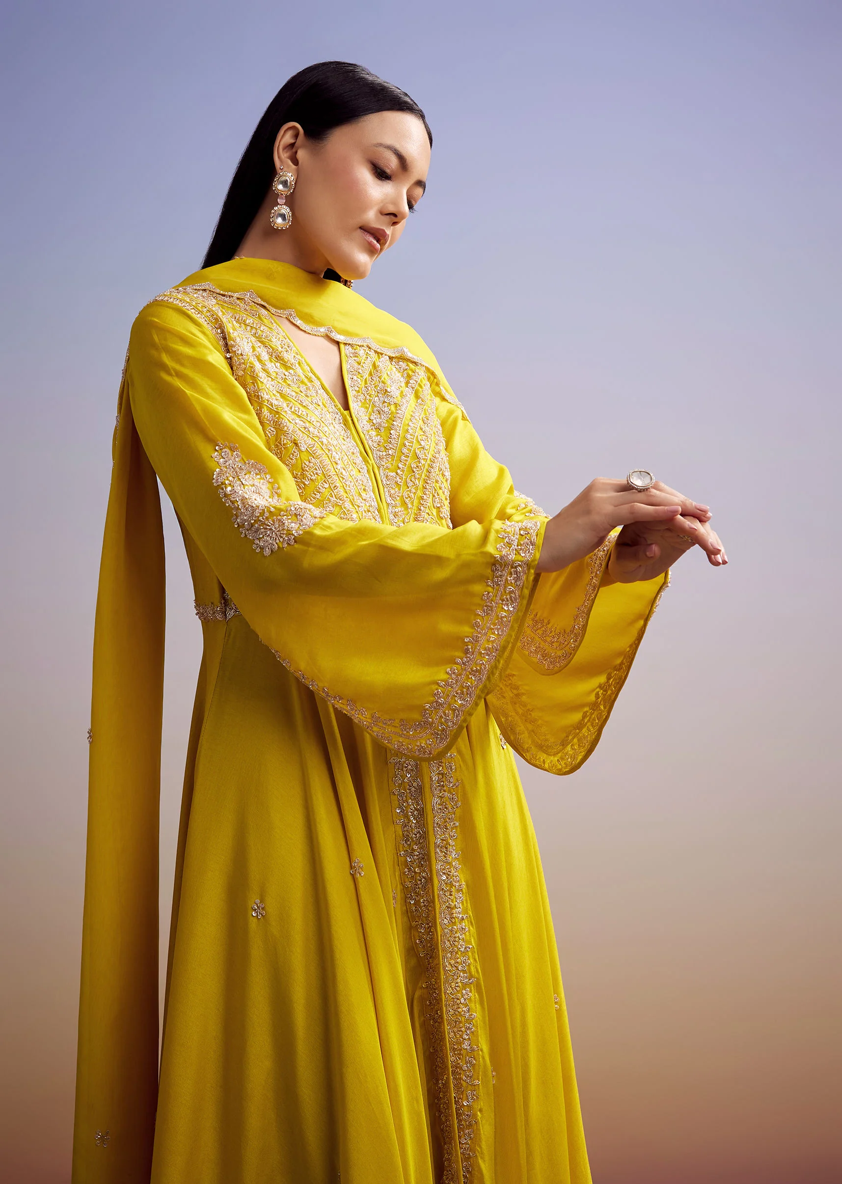 Yellow Russian Silk Palazzo Suit With Cut Dana And Sequins Work - Image 4