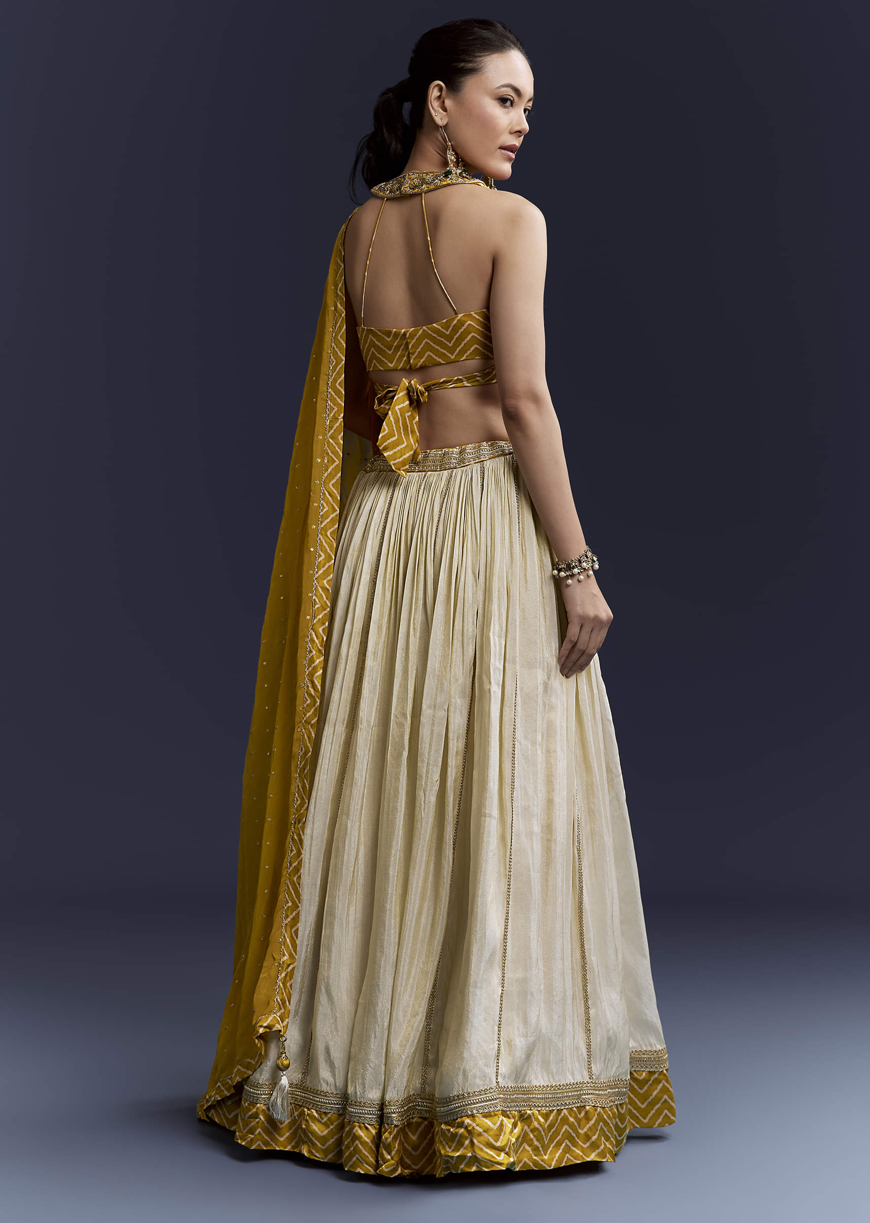 Yellow Satin Bridesmaid Lehenga With Hand Dyed Chevron Print Choli - Image 2
