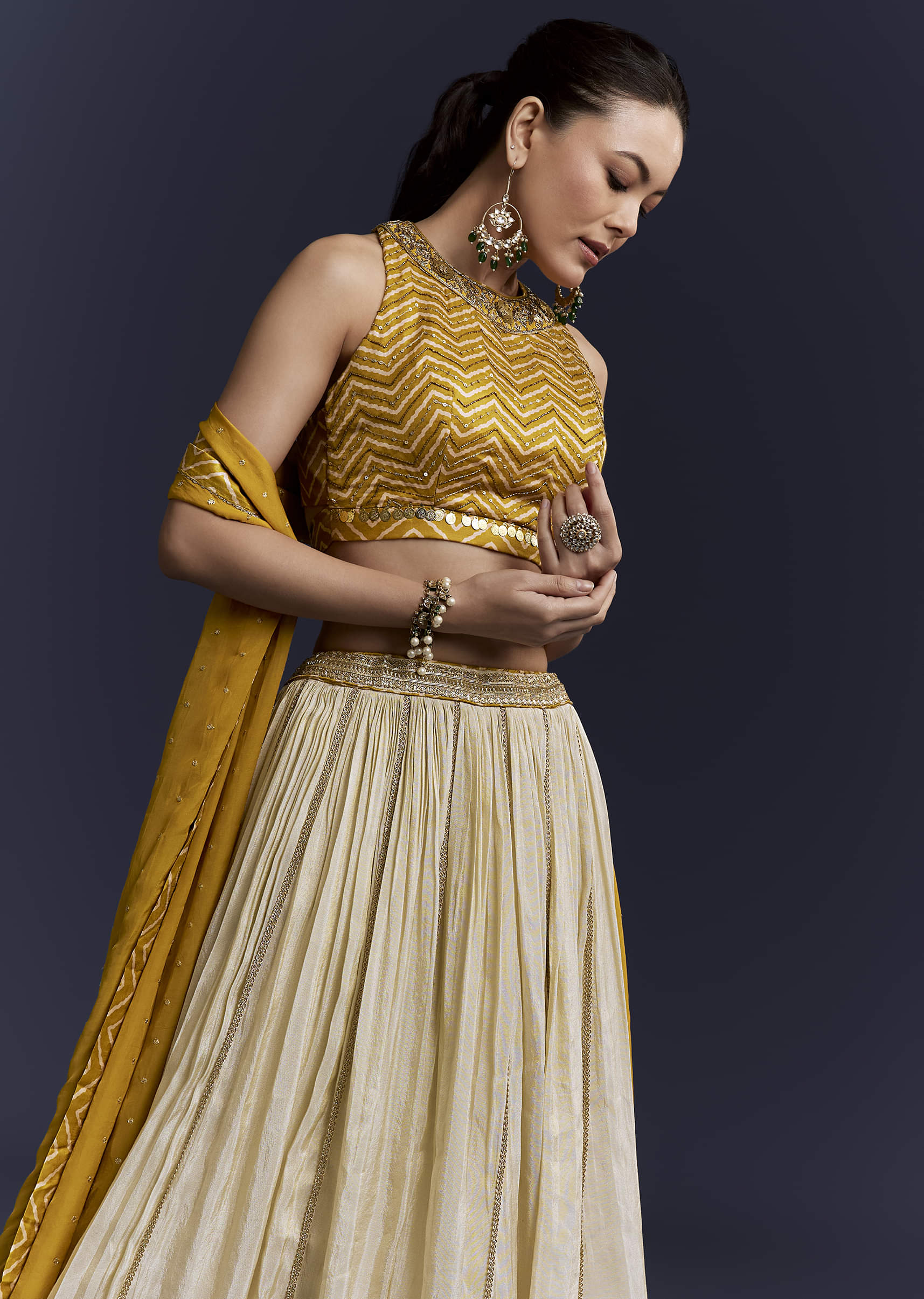 Yellow Satin Bridesmaid Lehenga With Hand Dyed Chevron Print Choli - Image 5