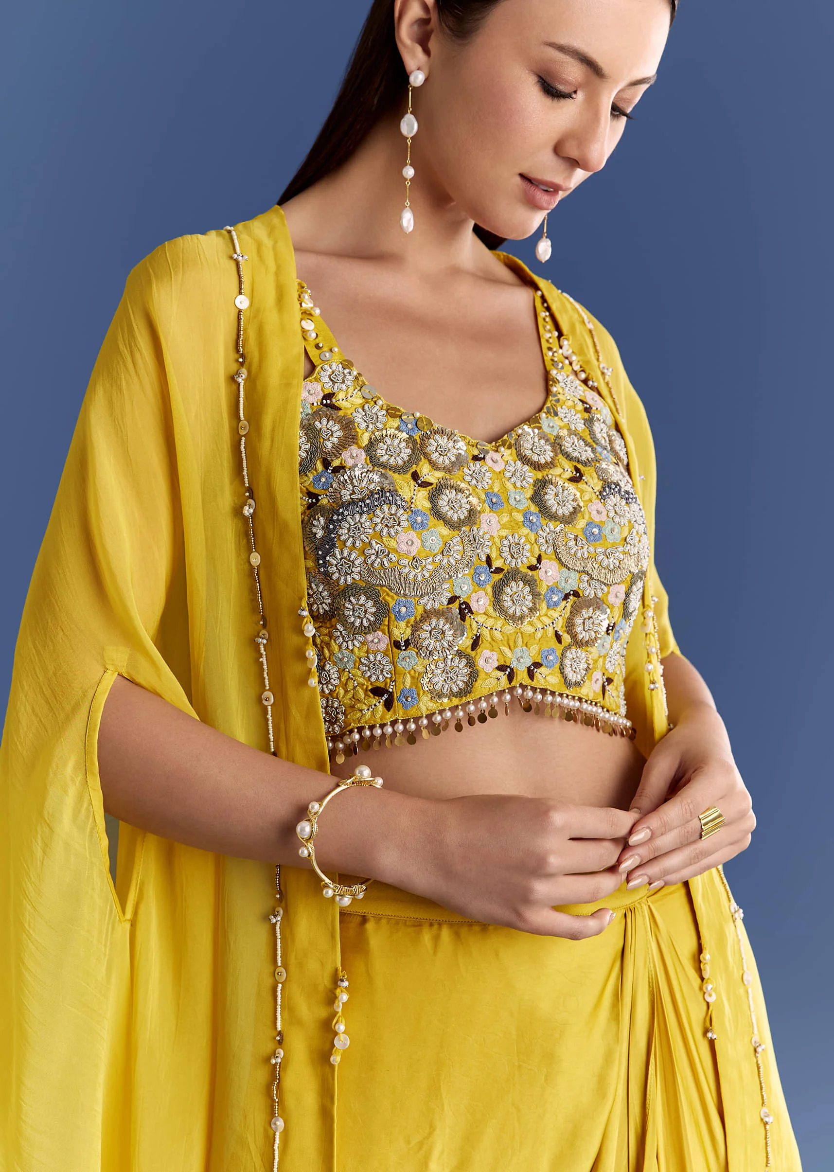 Yellow Satin Cape Set With Embroidered Croptop And Skirt - Image 3