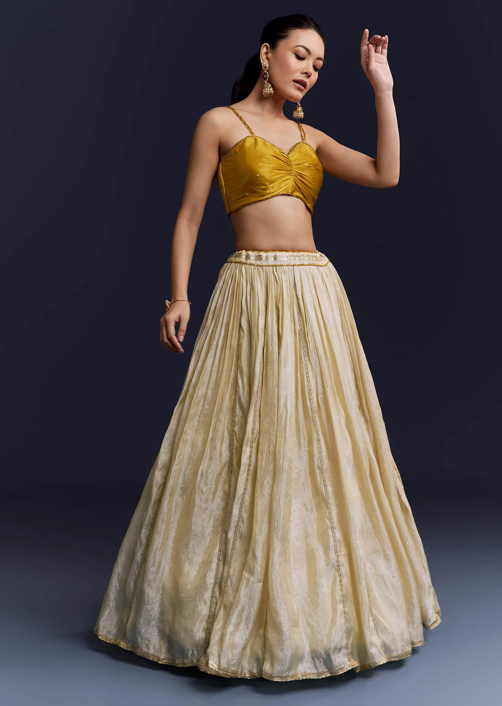 Yellow Satin Festive Lehenga With Hand Dyed Chevron Print Jacket - Image 6