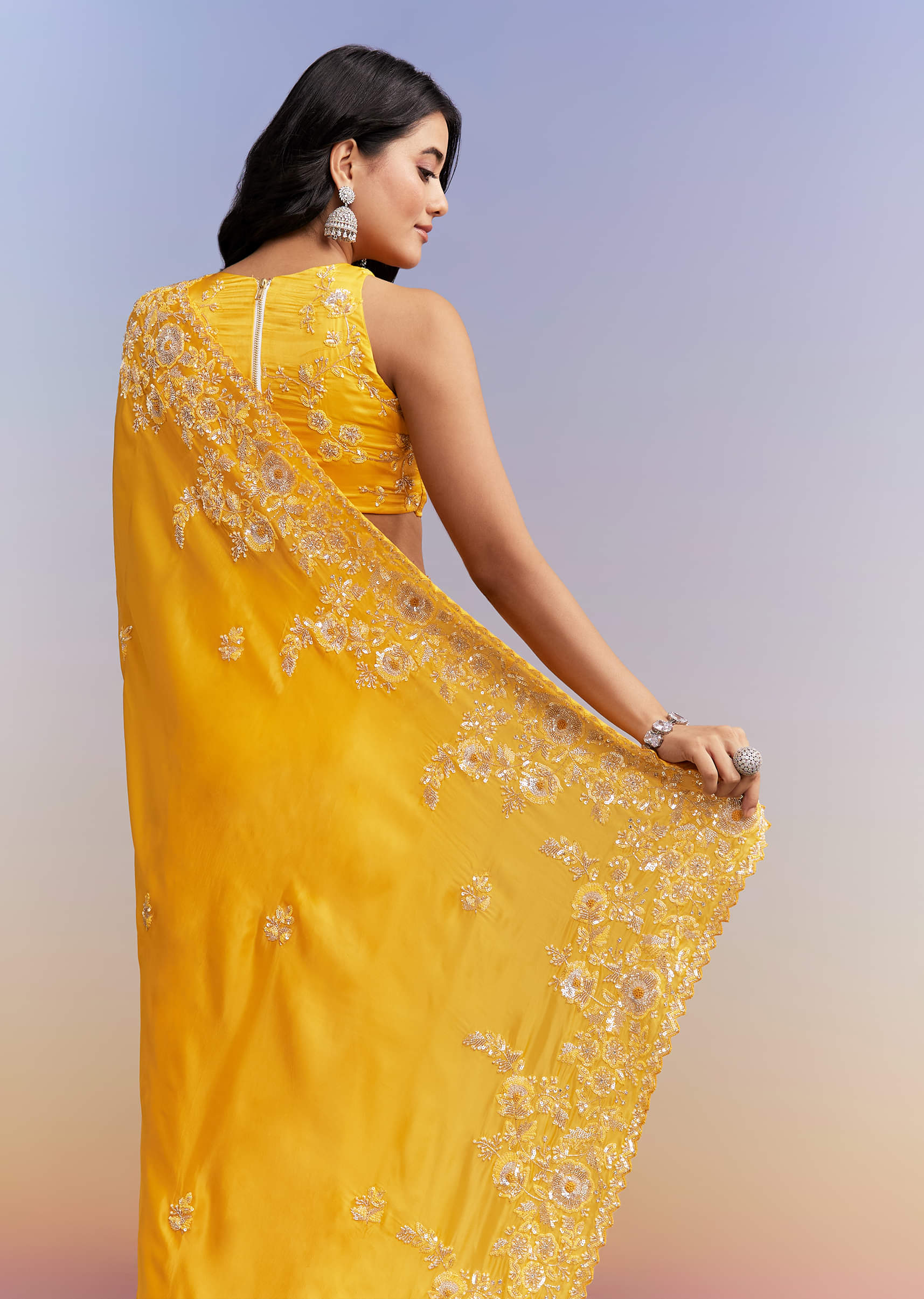 Yellow Satin Saree With Heavy Embroidered Details - Image 6