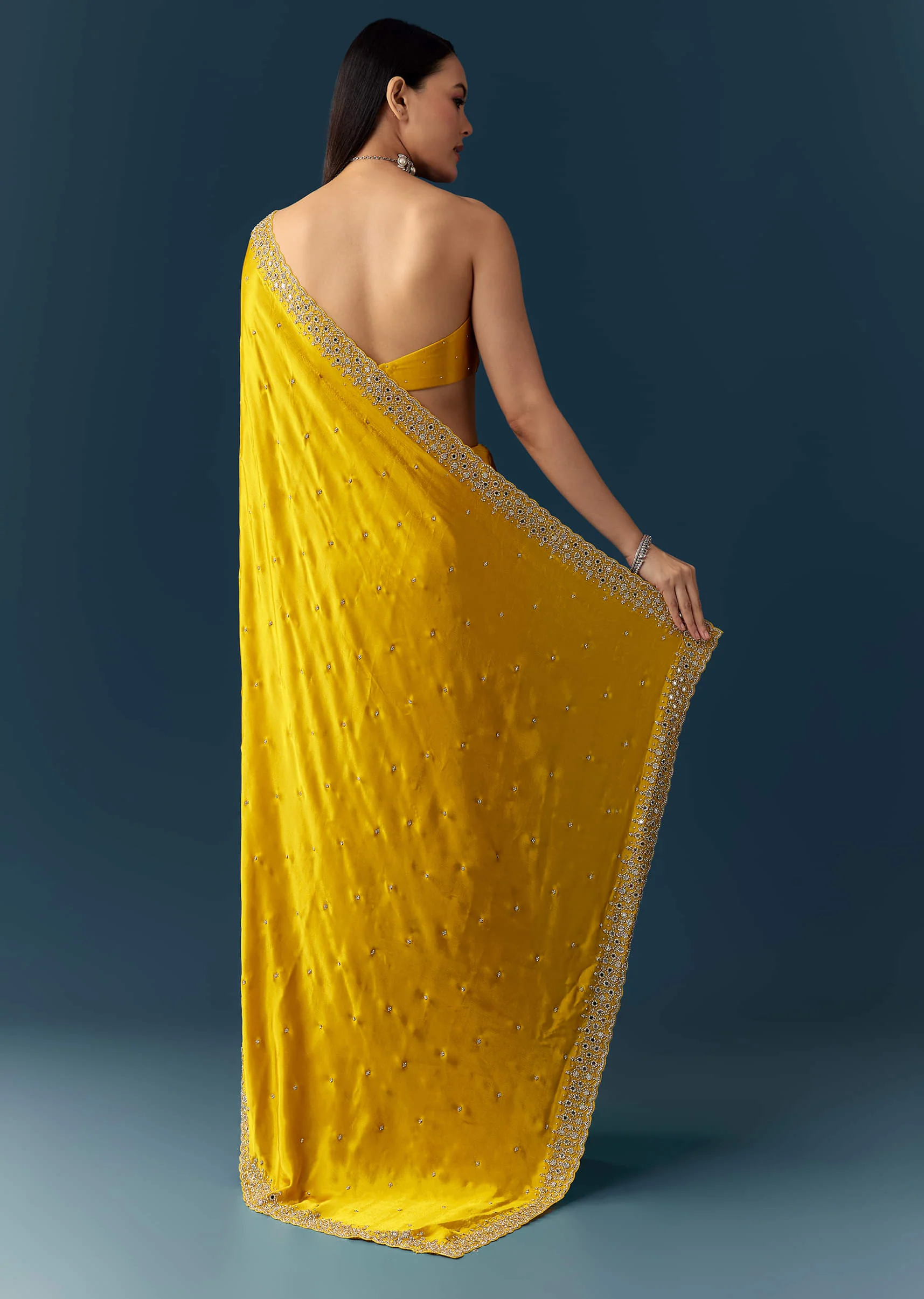Yellow Satin Saree with Sequins and Unstitched Bouse - Image 4