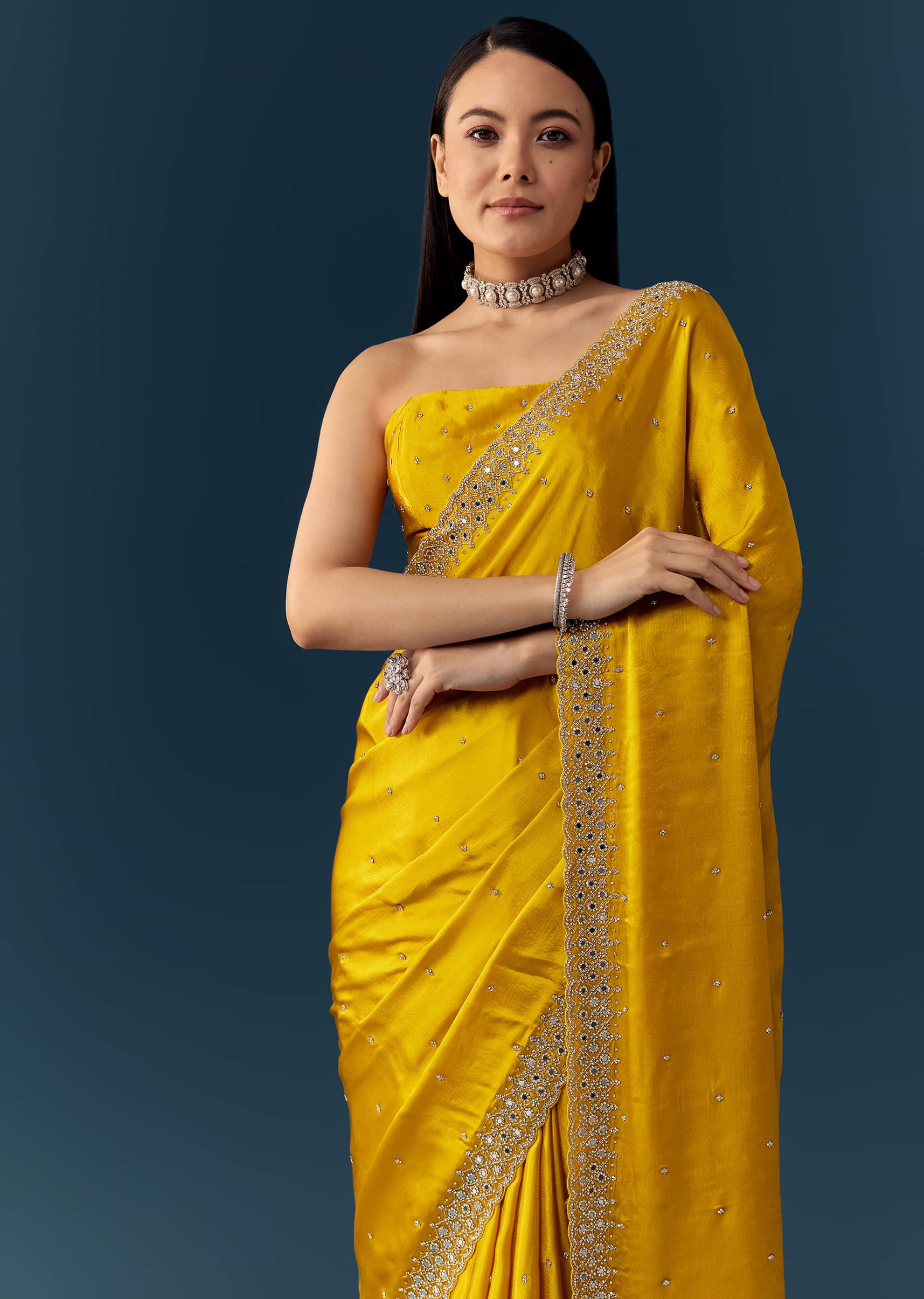 Yellow Satin Saree with Sequins and Unstitched Bouse - Image 5