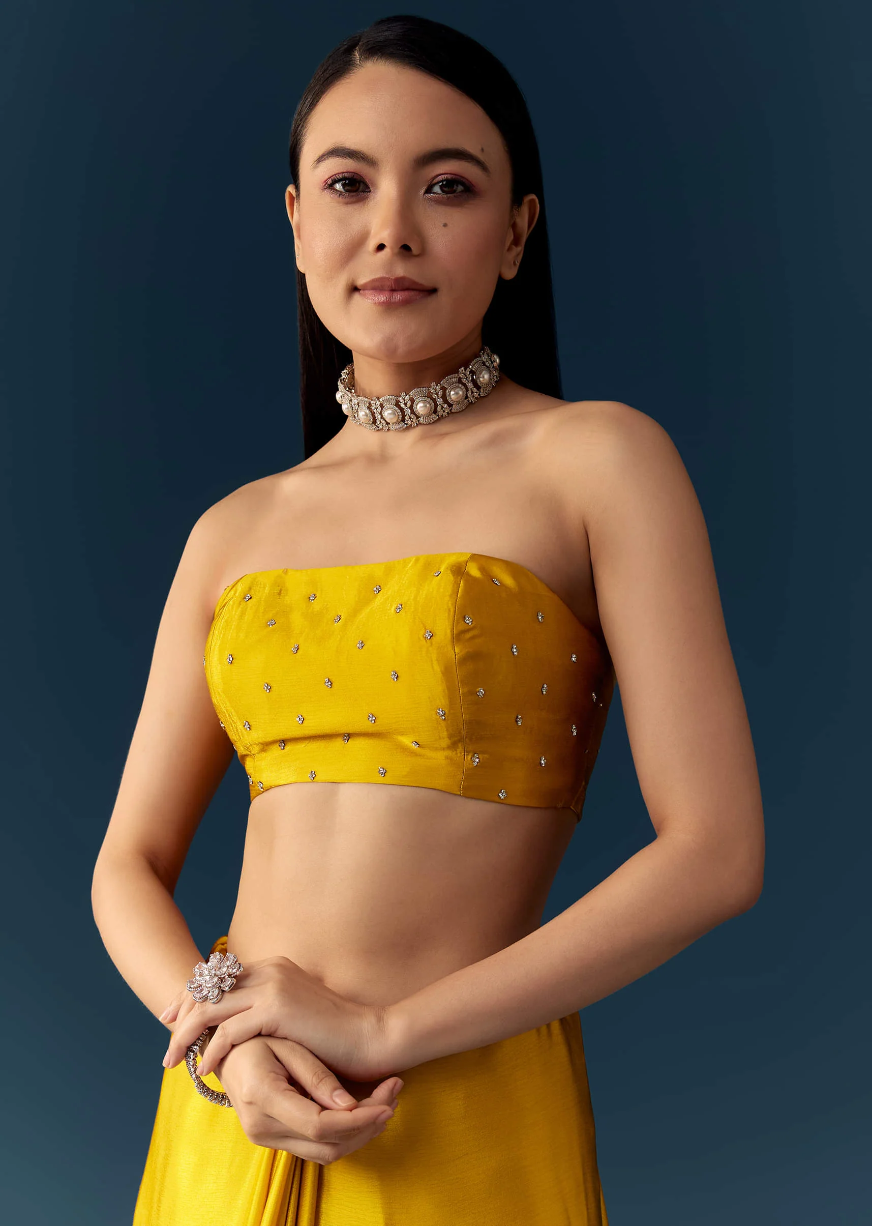 Yellow Satin Saree with Sequins and Unstitched Bouse - Image 7