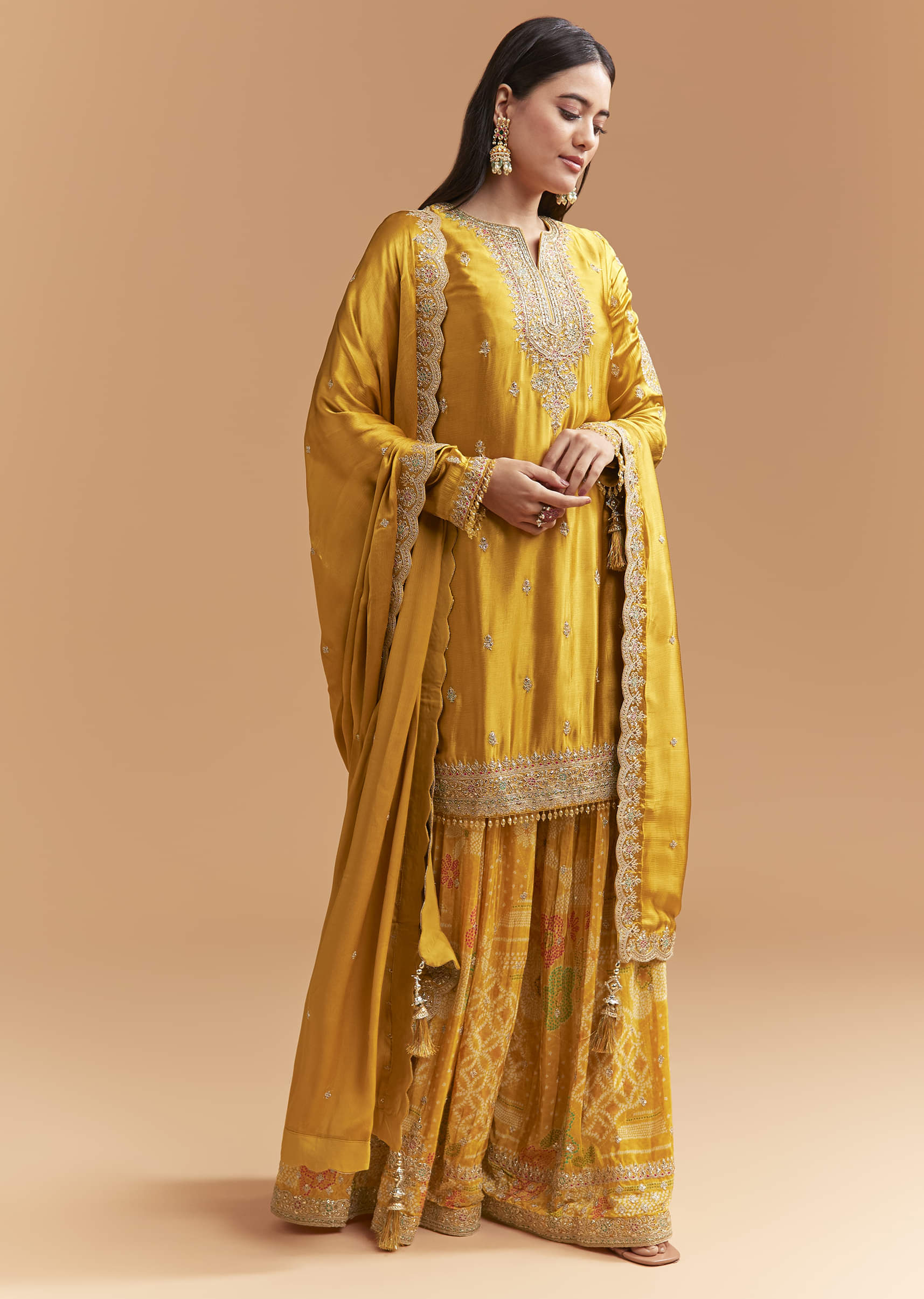 Yellow Satin Suit With Floral Printed Palazzo - Image 3