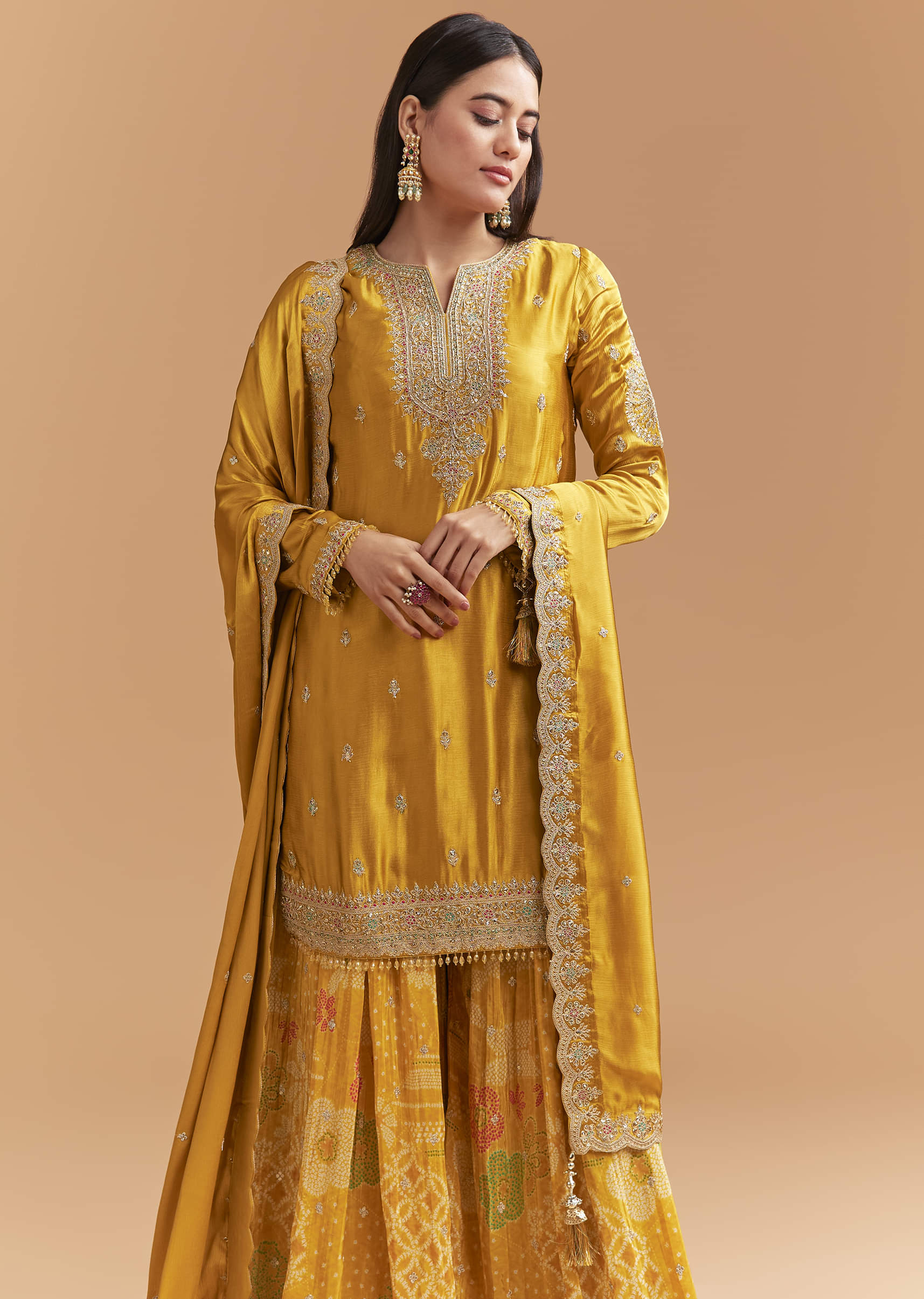 Yellow Satin Suit With Floral Printed Palazzo - Image 4