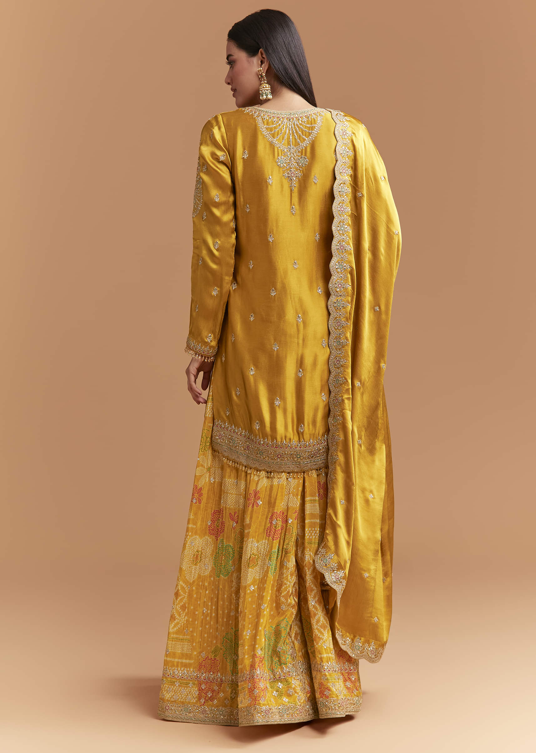 Yellow Satin Suit With Floral Printed Palazzo - Image 5