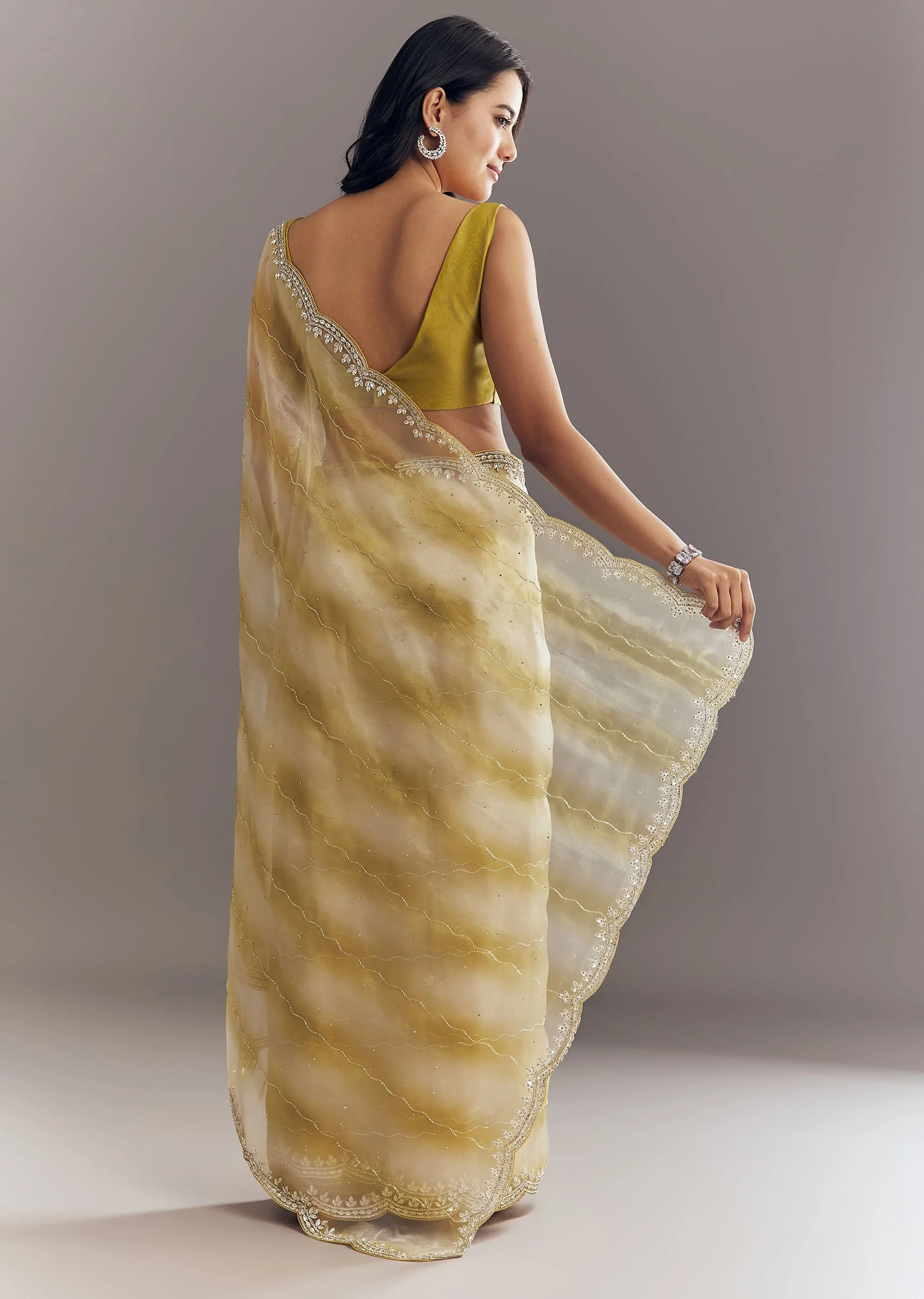 Yellow Shaded Glass Tissue Saree With Cutdana Embroidery And Scallop Border - Image 6